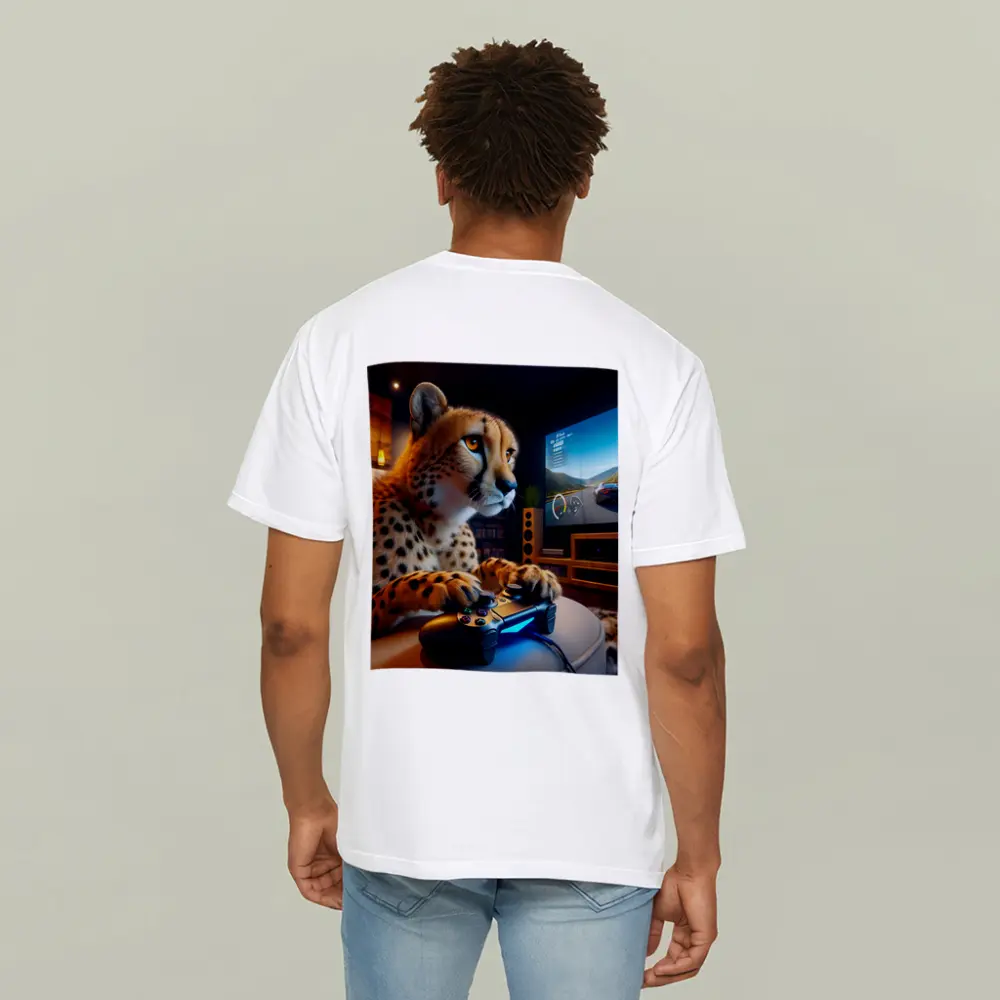 Cheetah Gaming With Controller Cozy Room – T-Shirts