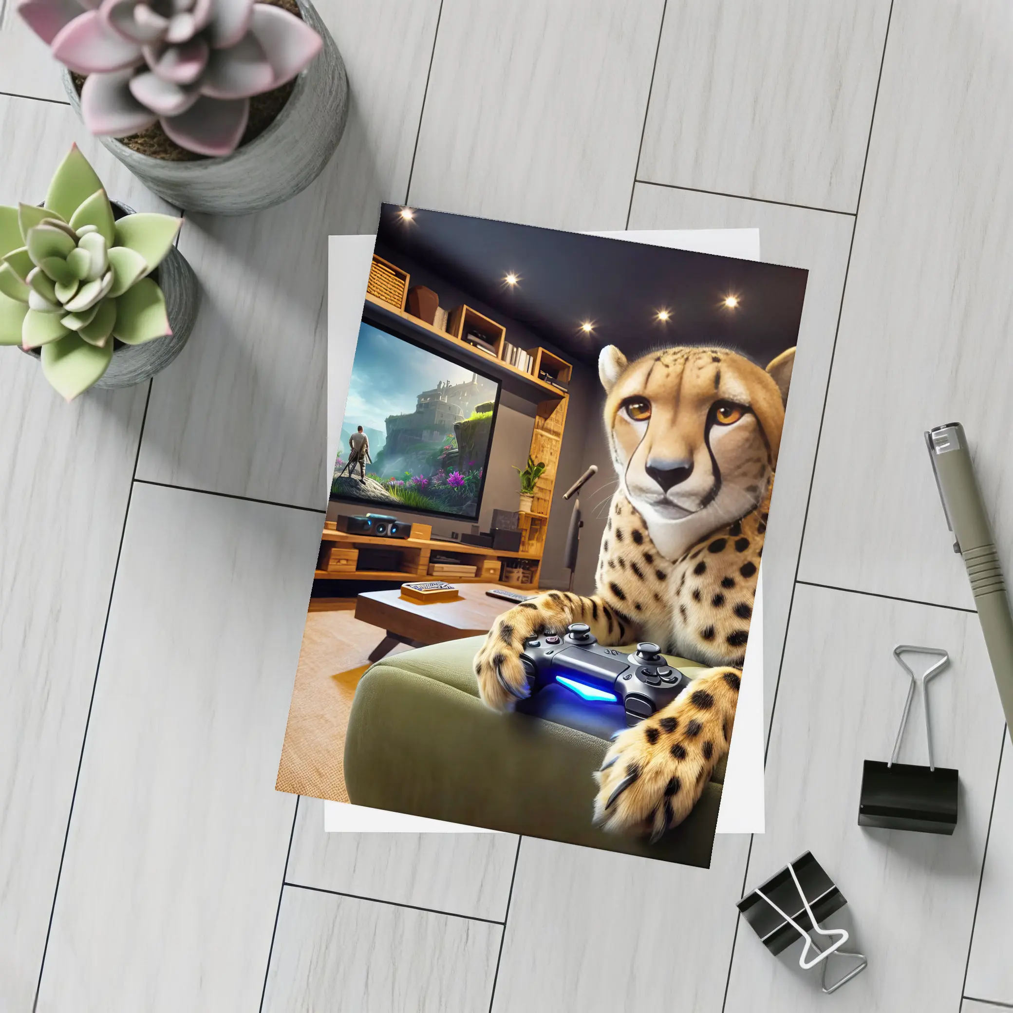 Cheetah Gaming Controller Cozy Living Room – Postcards