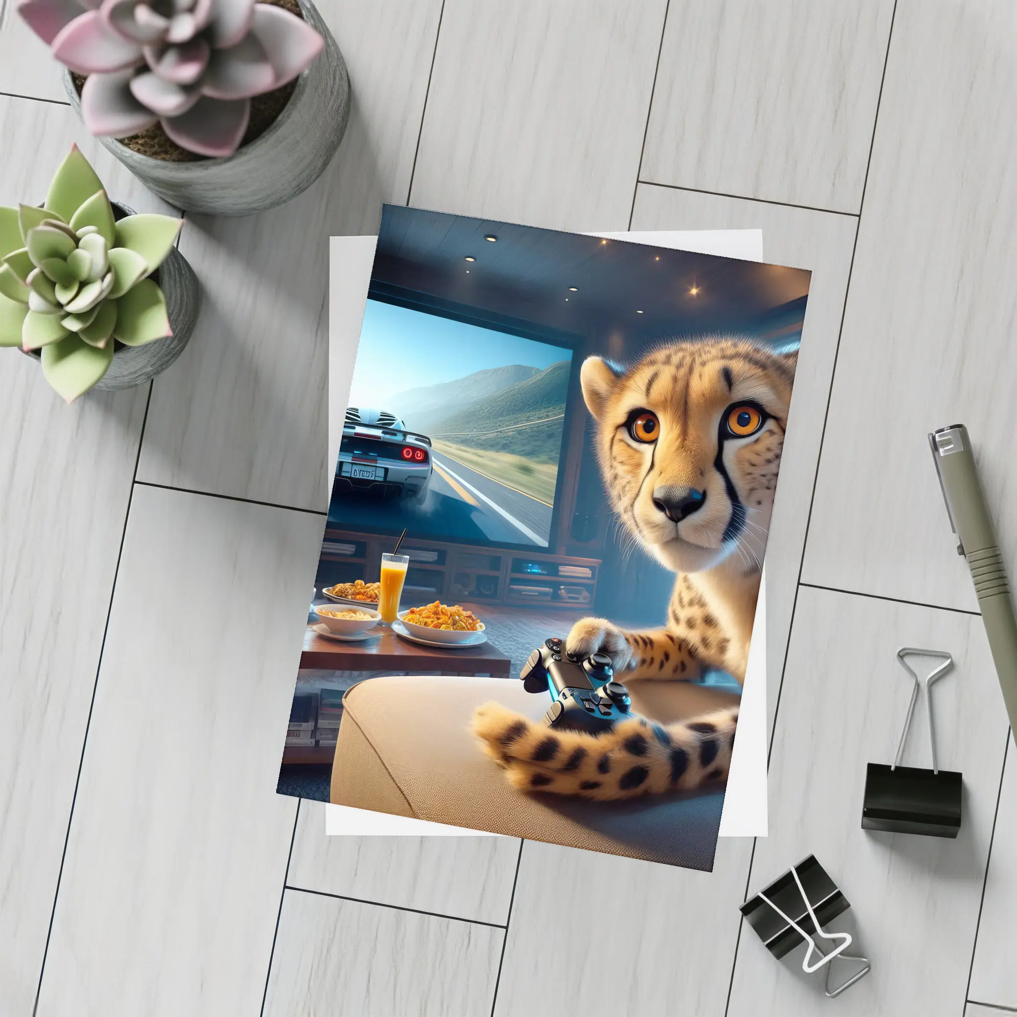 Cheetah Playing Video Games Living Room – Postcards