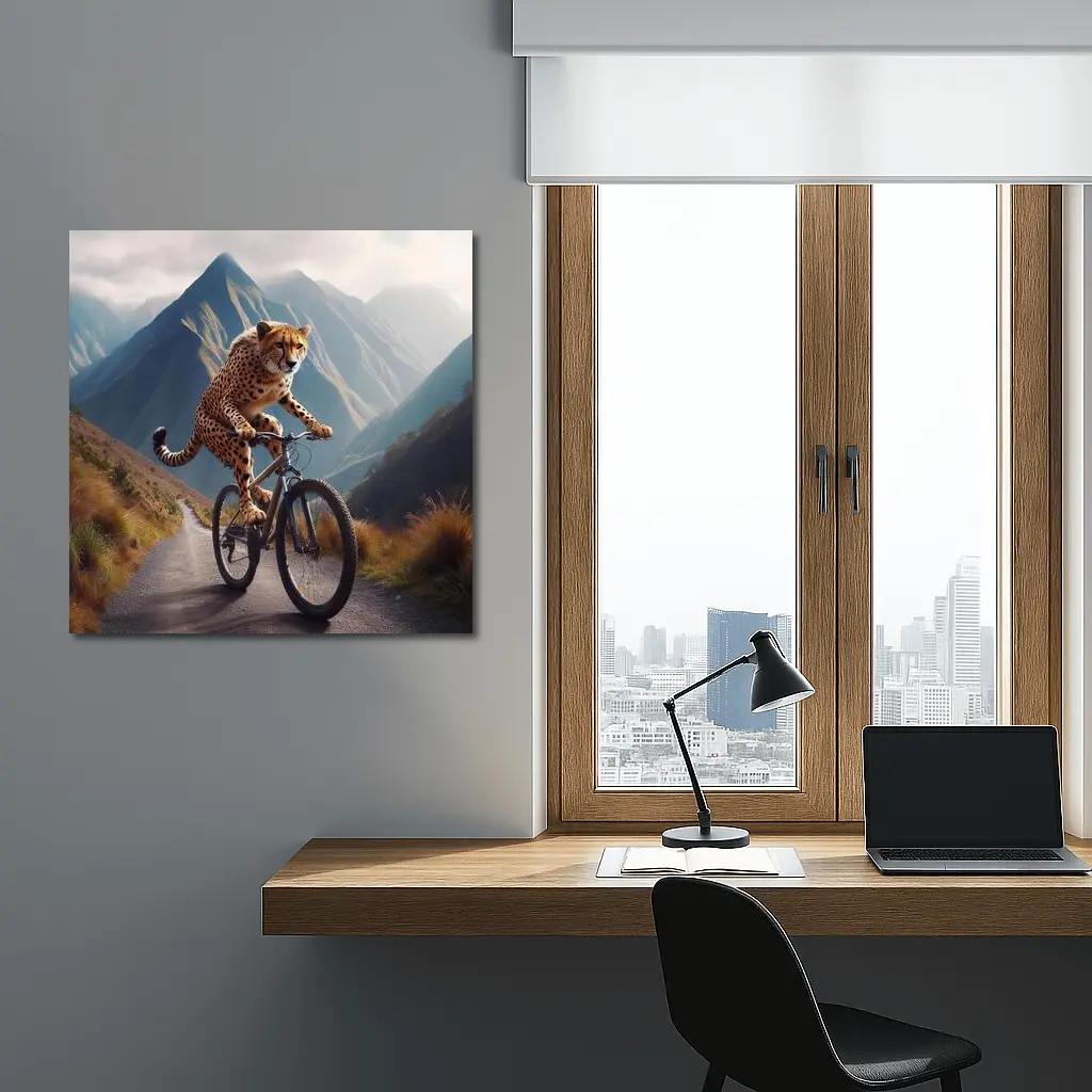 Cheetah Riding Bicycle Mountain Road – Wall Art