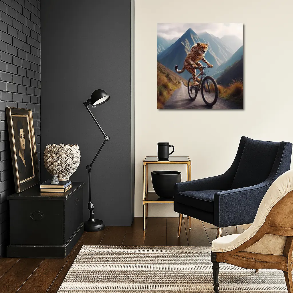 Cheetah Riding Bicycle Mountain Road – Wall Art