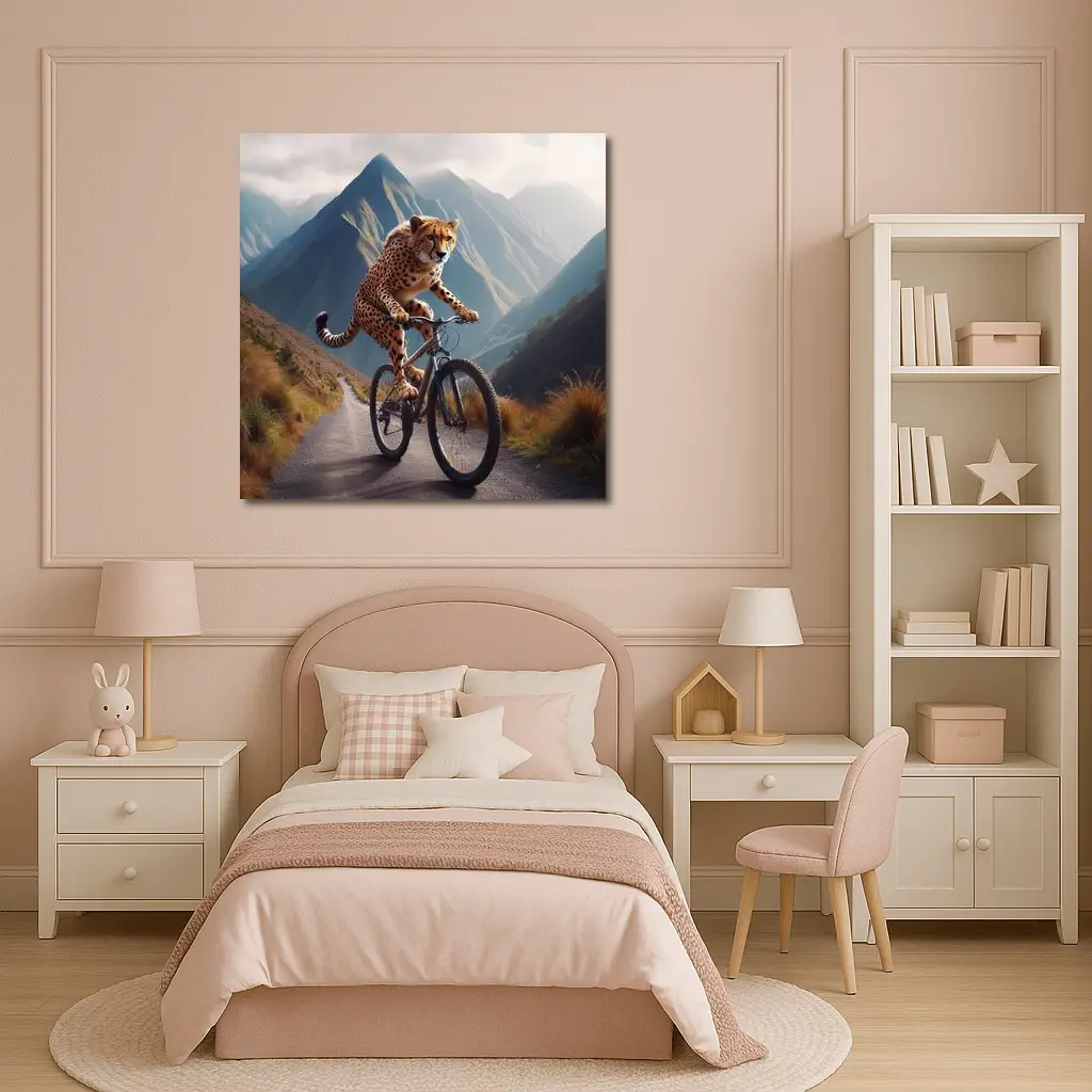 Cheetah Riding Bicycle Mountain Road – Wall Art