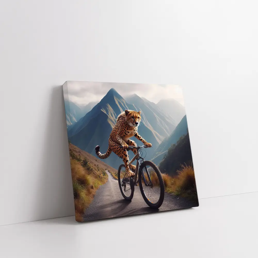 Cheetah Riding Bicycle Mountain Road – Wall Art