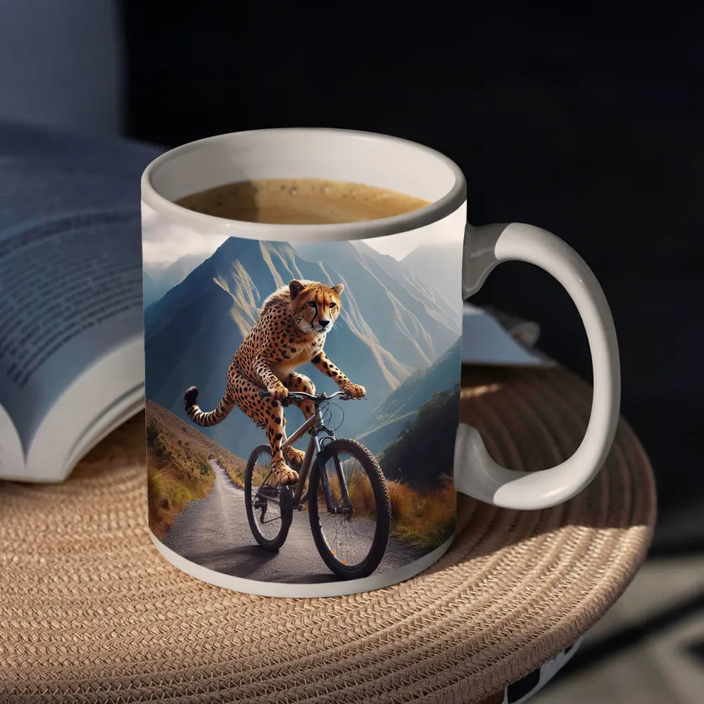 Cheetah Riding Bicycle Mountain Road – Mugs