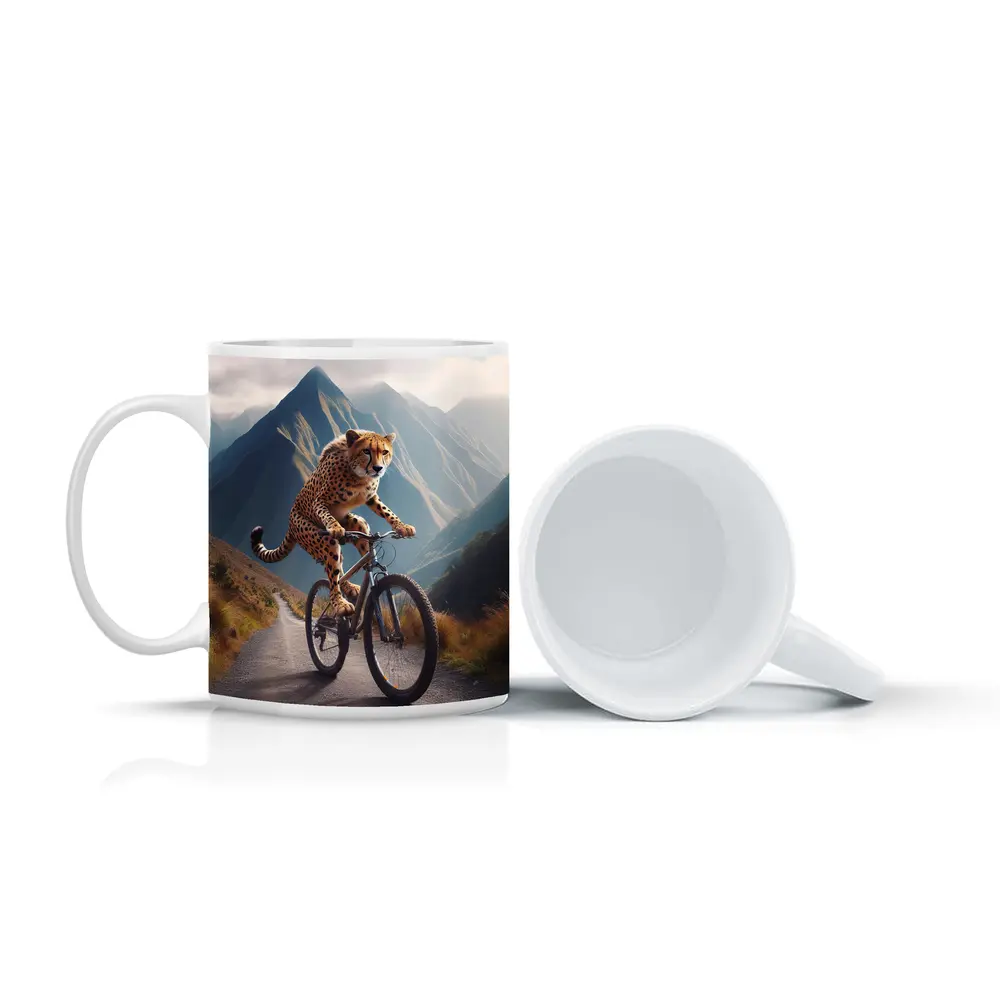 Cheetah Riding Bicycle Mountain Road – Mugs