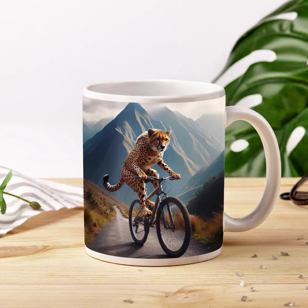 Cheetah Riding Bicycle Mountain Road – Mugs