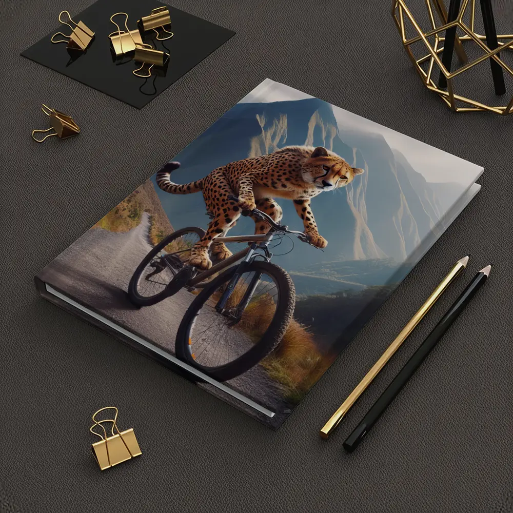 Cheetah Riding Bicycle Mountain Road – Notebooks