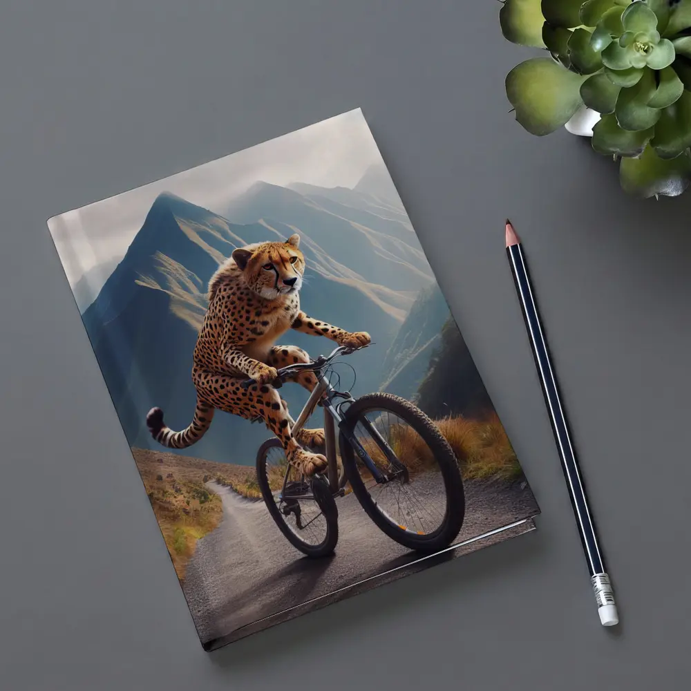Cheetah Riding Bicycle Mountain Road – Notebooks