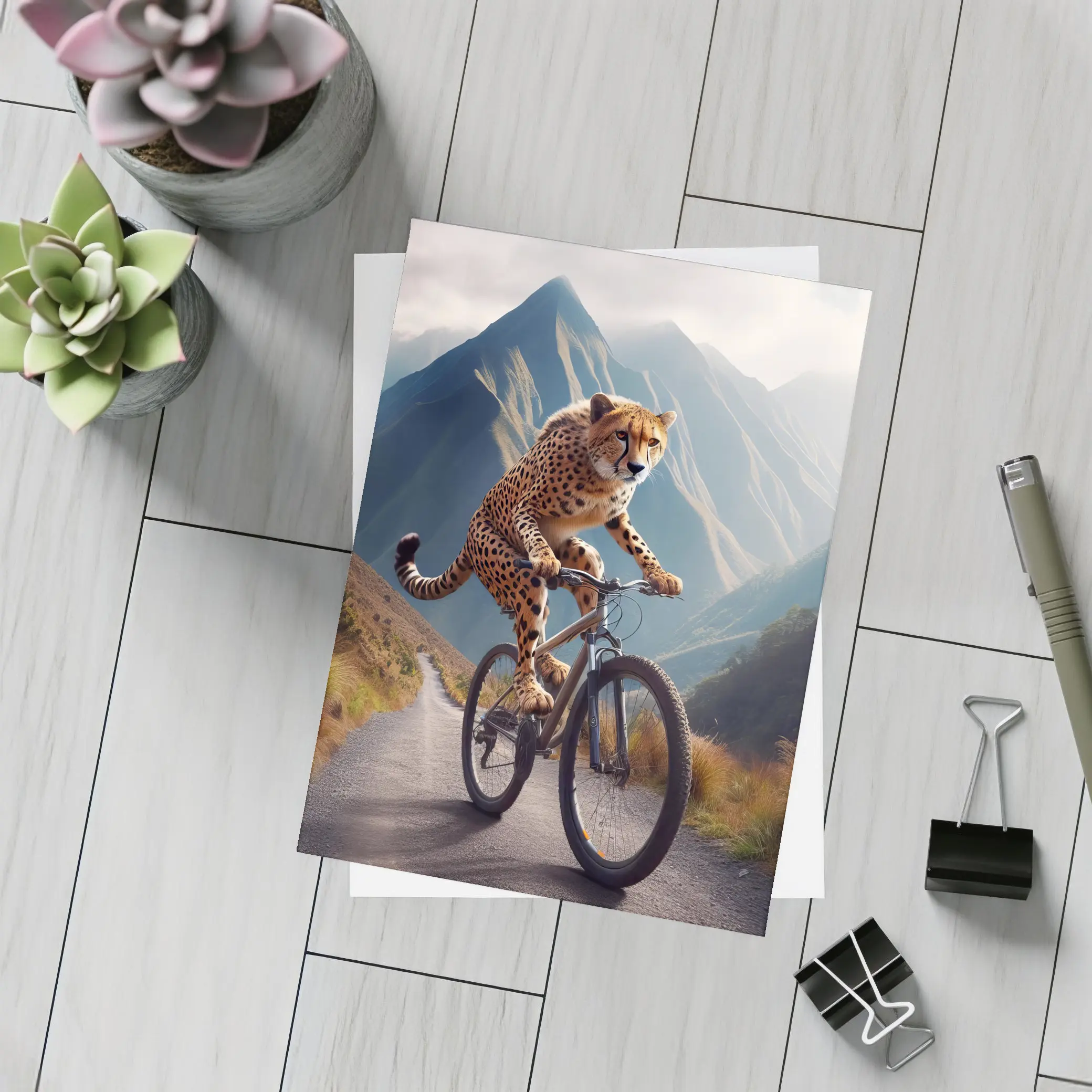 Cheetah Riding Bicycle Mountain Road – Postcards
