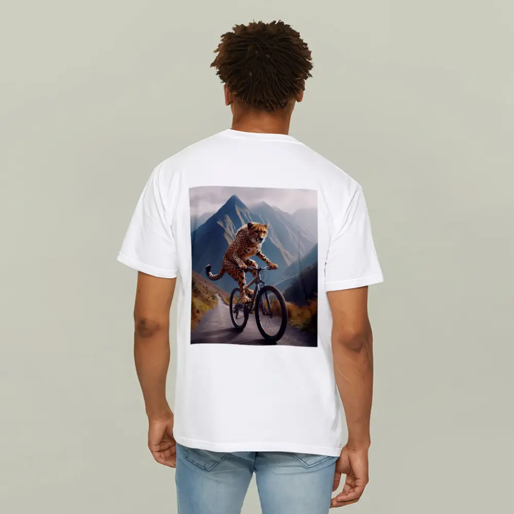 Cheetah Riding Bicycle Mountain Road – T-Shirts