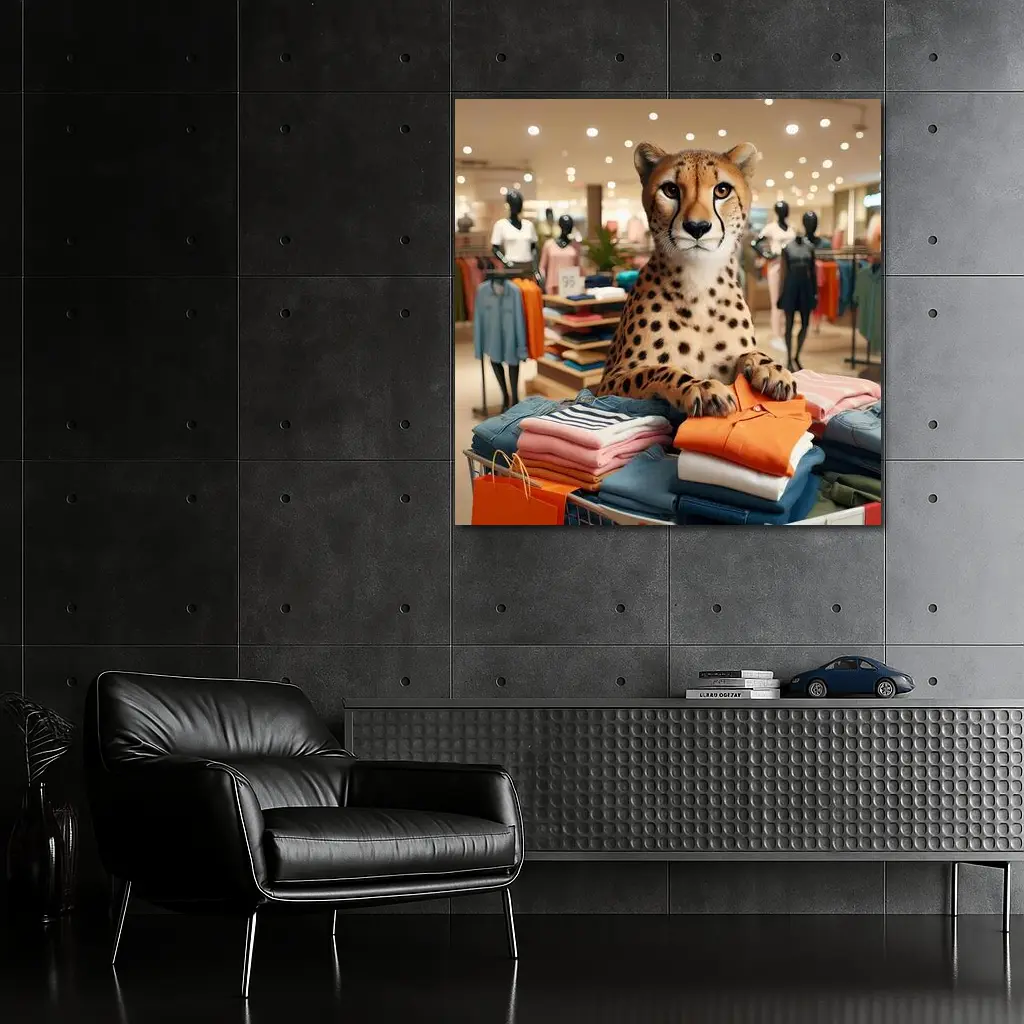 Cheetah Sitting on Folded Clothes Fashion Store – Wall Art