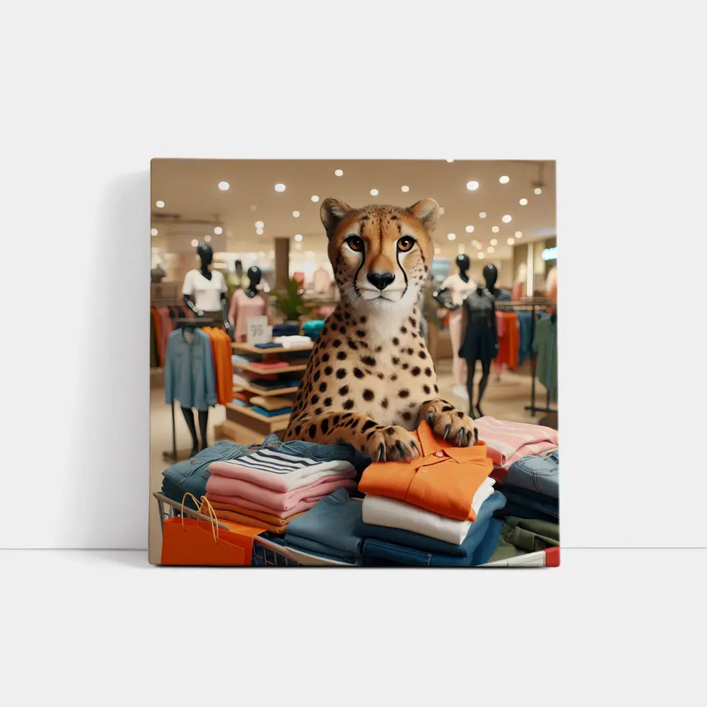 Cheetah Sitting on Folded Clothes Fashion Store – Wall Art