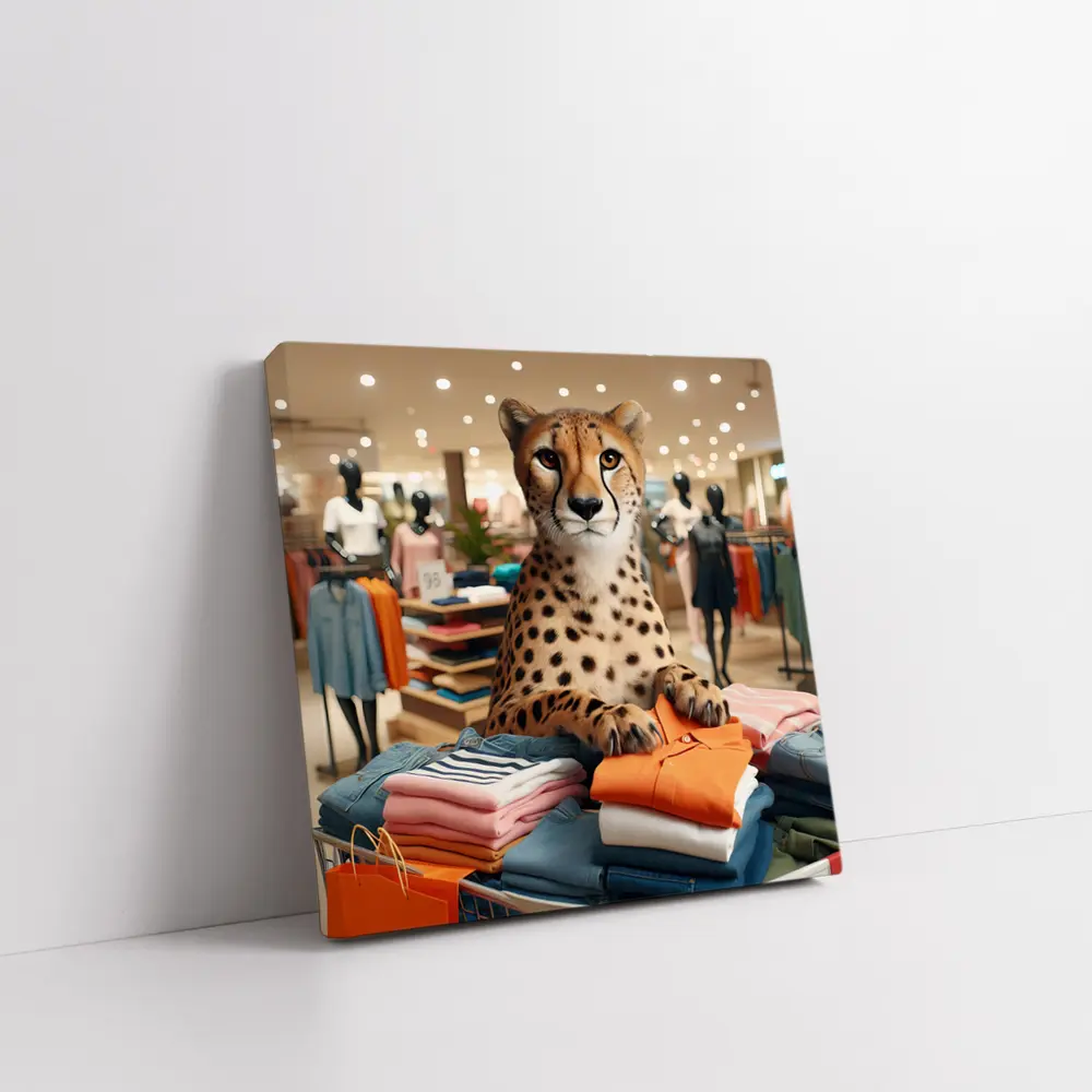 Cheetah Sitting on Folded Clothes Fashion Store – Wall Art