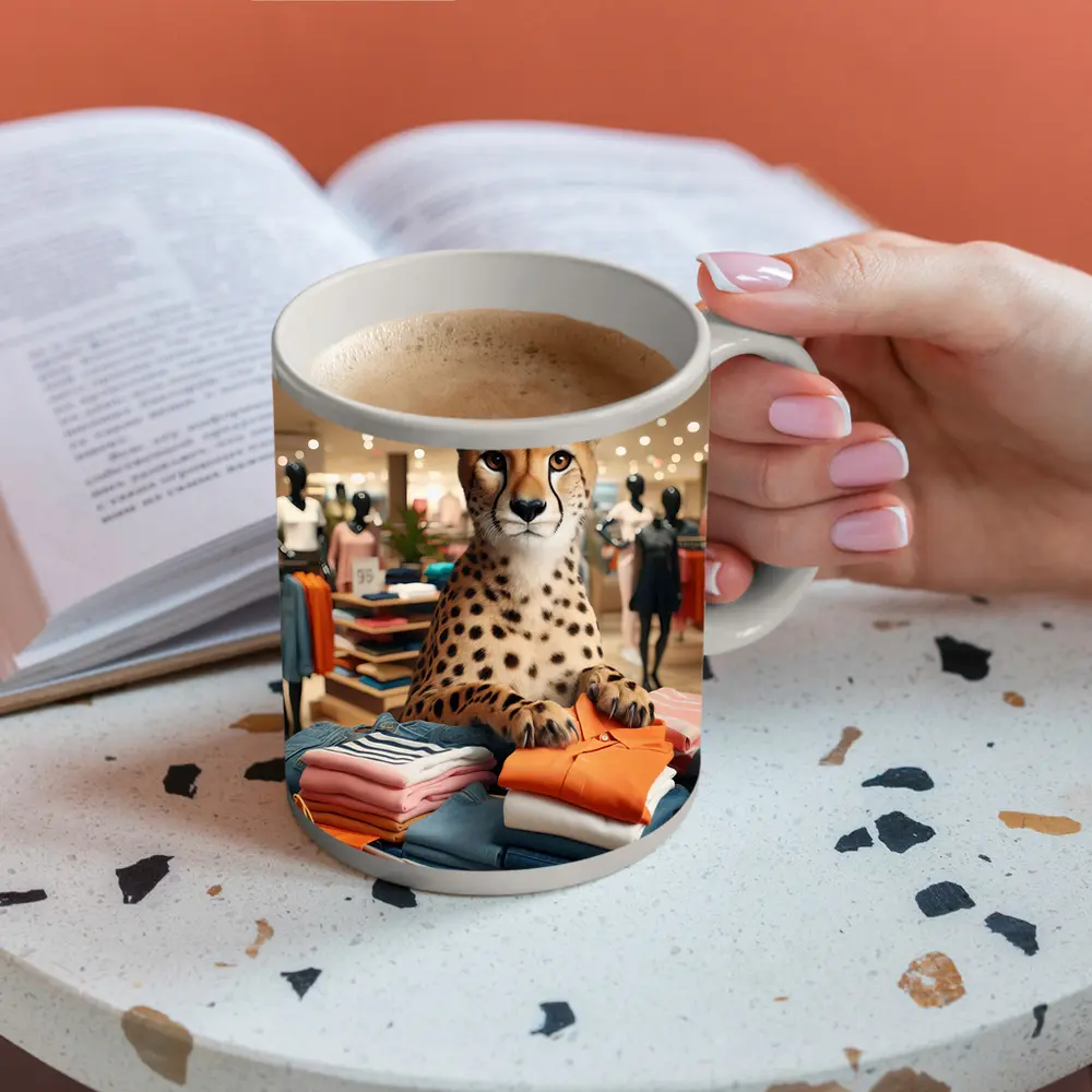 Cheetah Sitting on Folded Clothes Fashion Store – Mugs