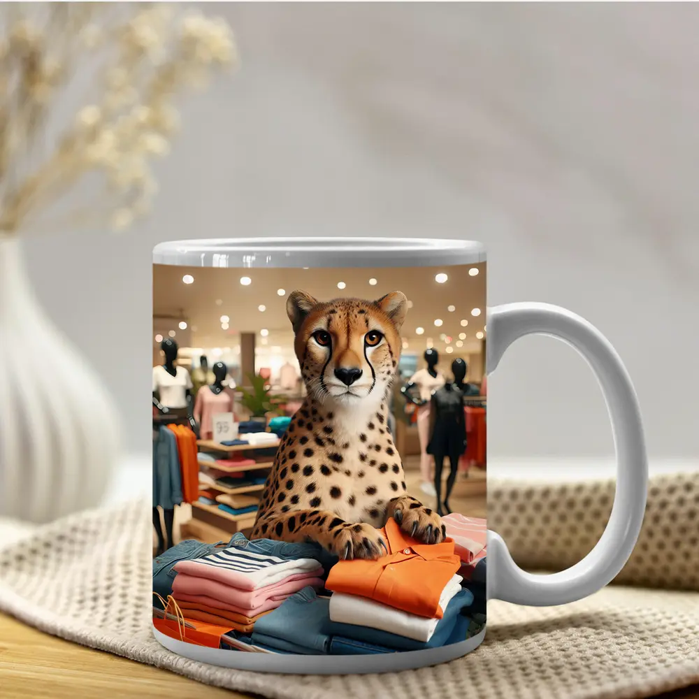 Cheetah Sitting on Folded Clothes Fashion Store – Mugs