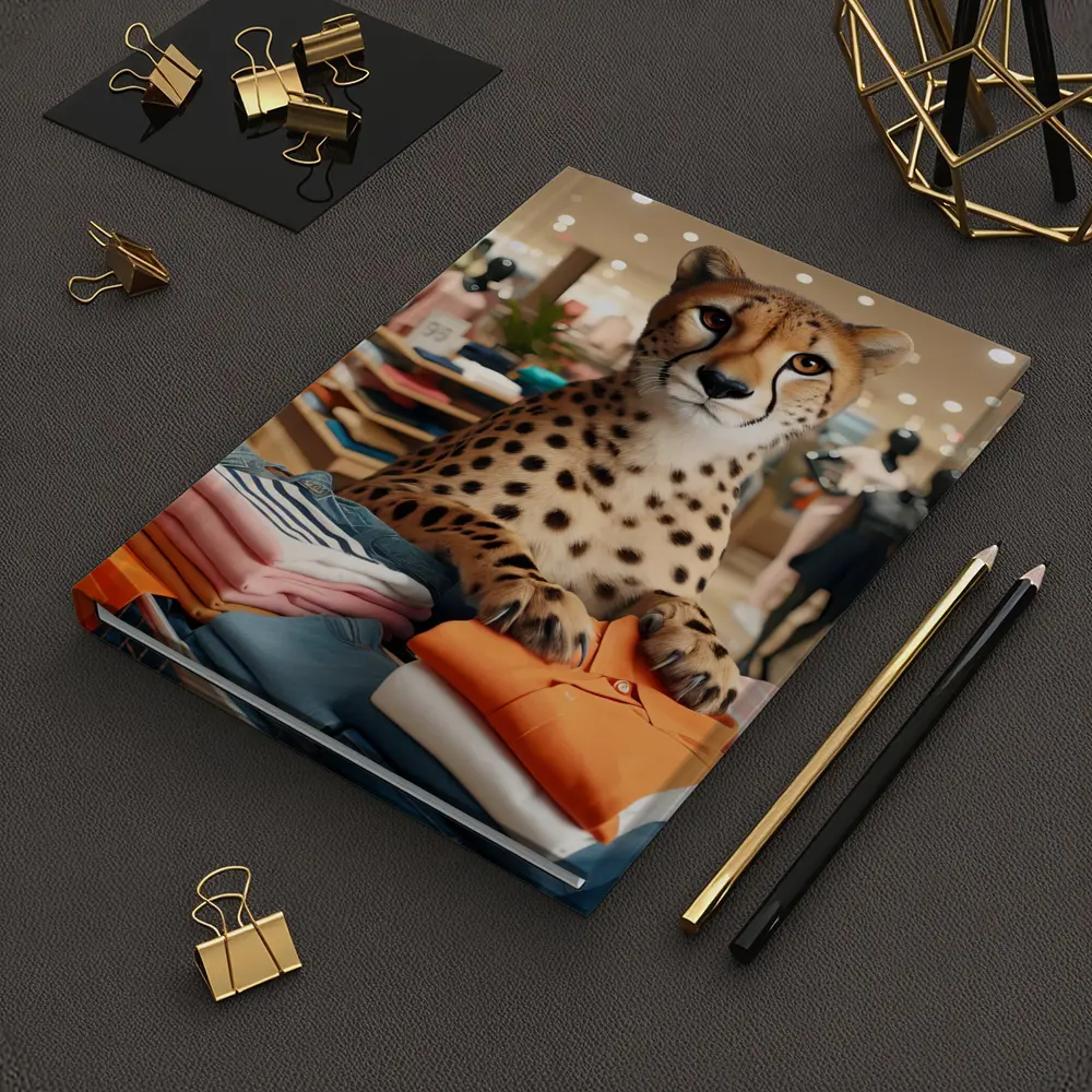 Cheetah Sitting on Folded Clothes Fashion Store – Notebooks
