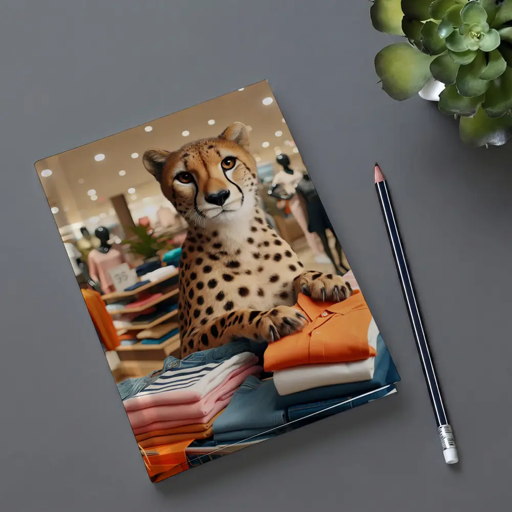 Cheetah Sitting on Folded Clothes Fashion Store – Notebooks