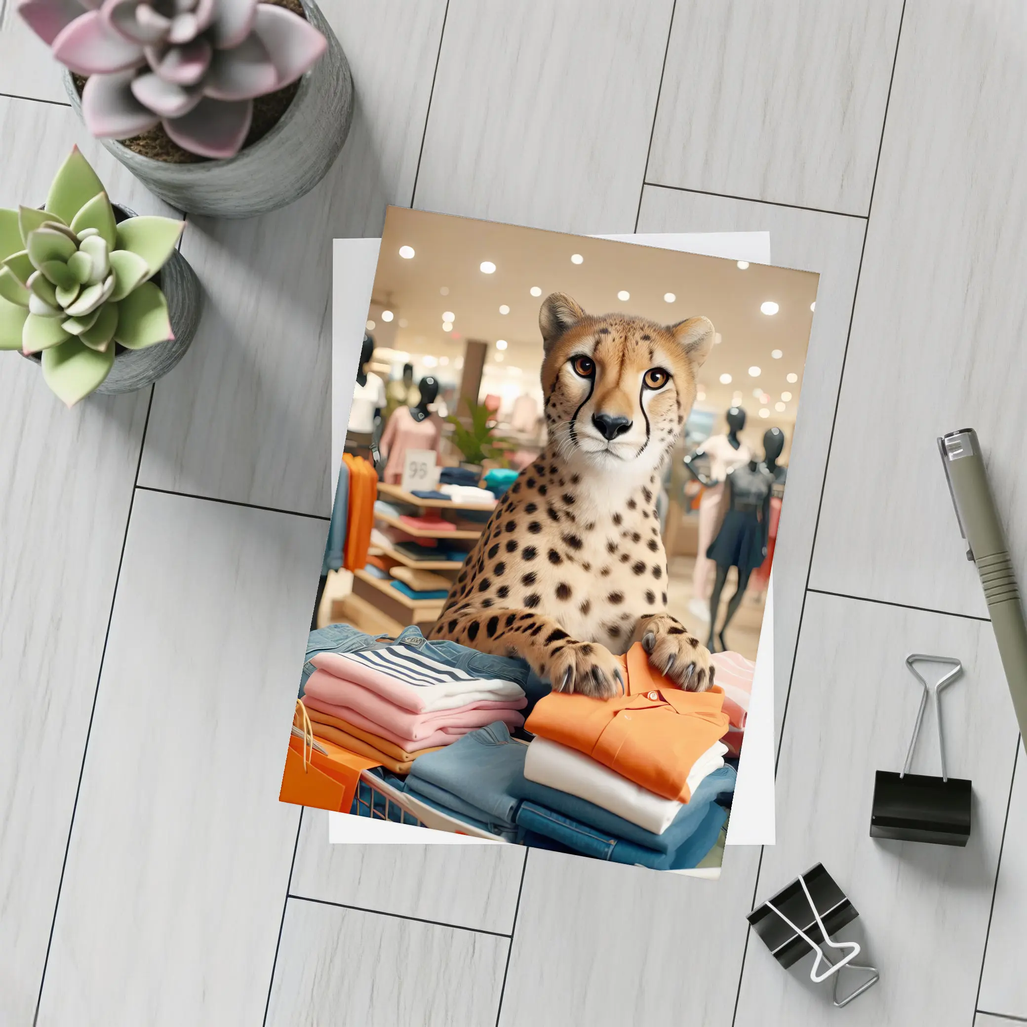 Cheetah Sitting on Folded Clothes Fashion Store – Postcards