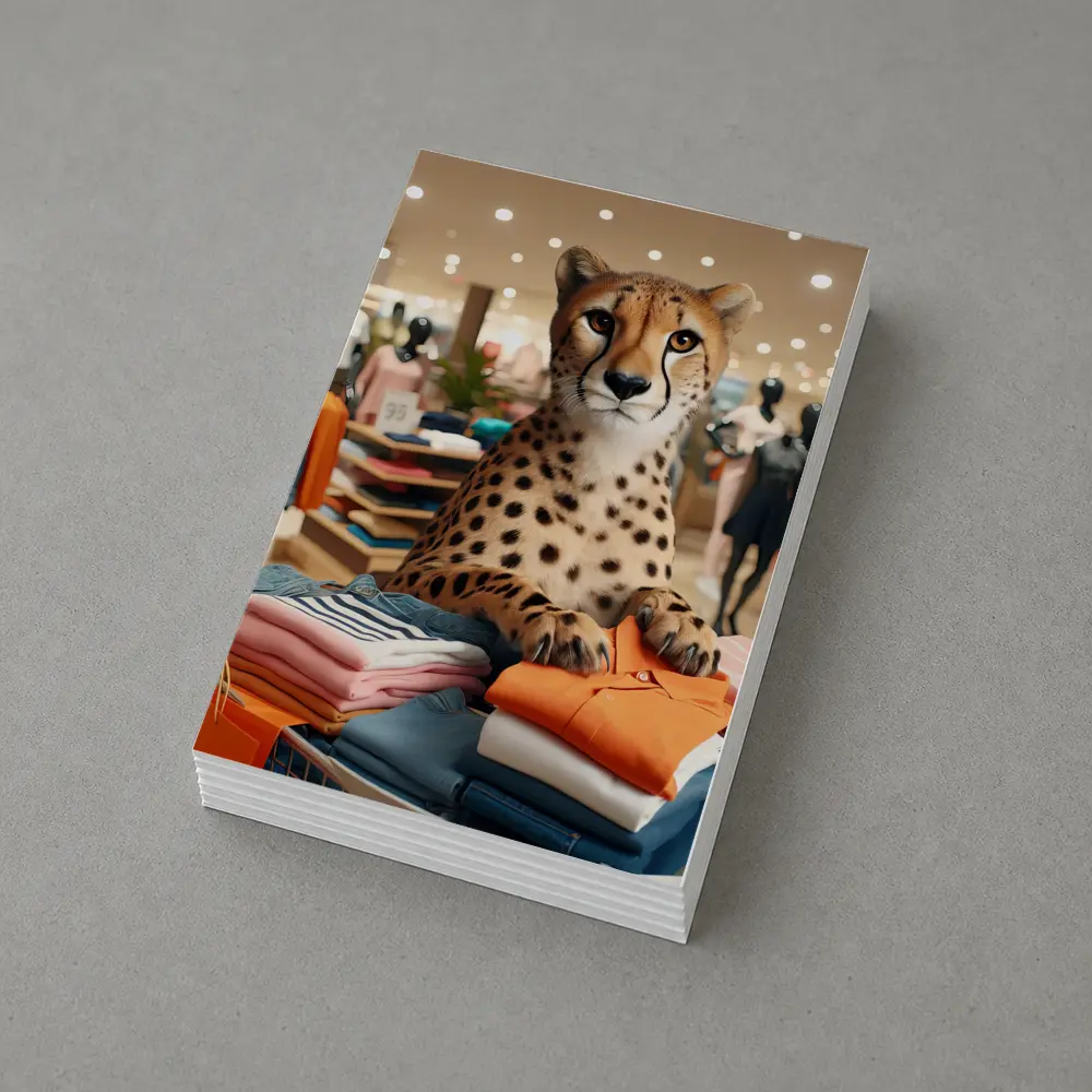 Cheetah Sitting on Folded Clothes Fashion Store – Postcards