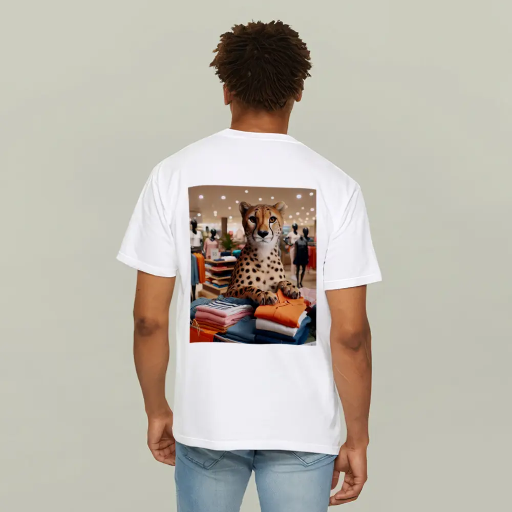 Cheetah Sitting on Folded Clothes Fashion Store – T-Shirts
