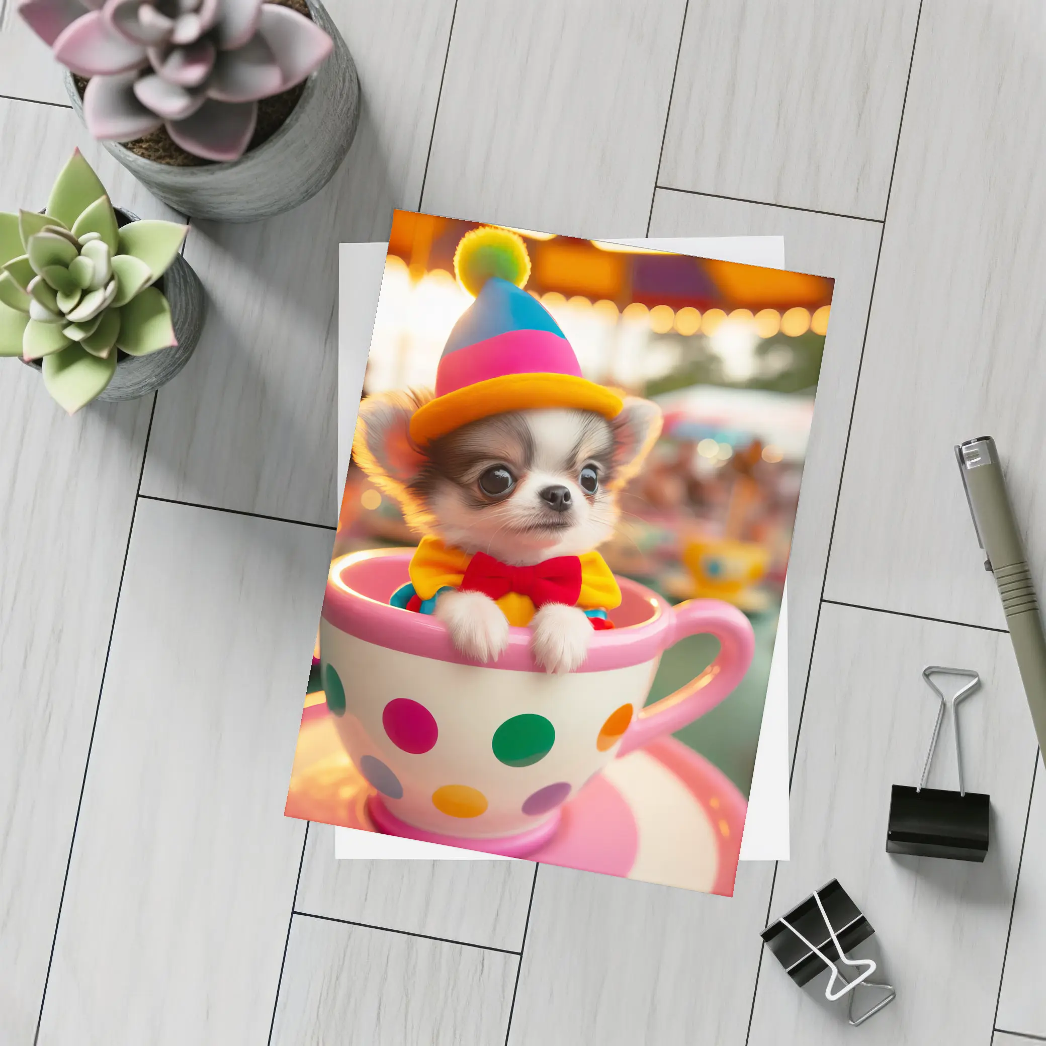 Chihuahua Puppy Clown Hat Teacup Carnival – Postcards