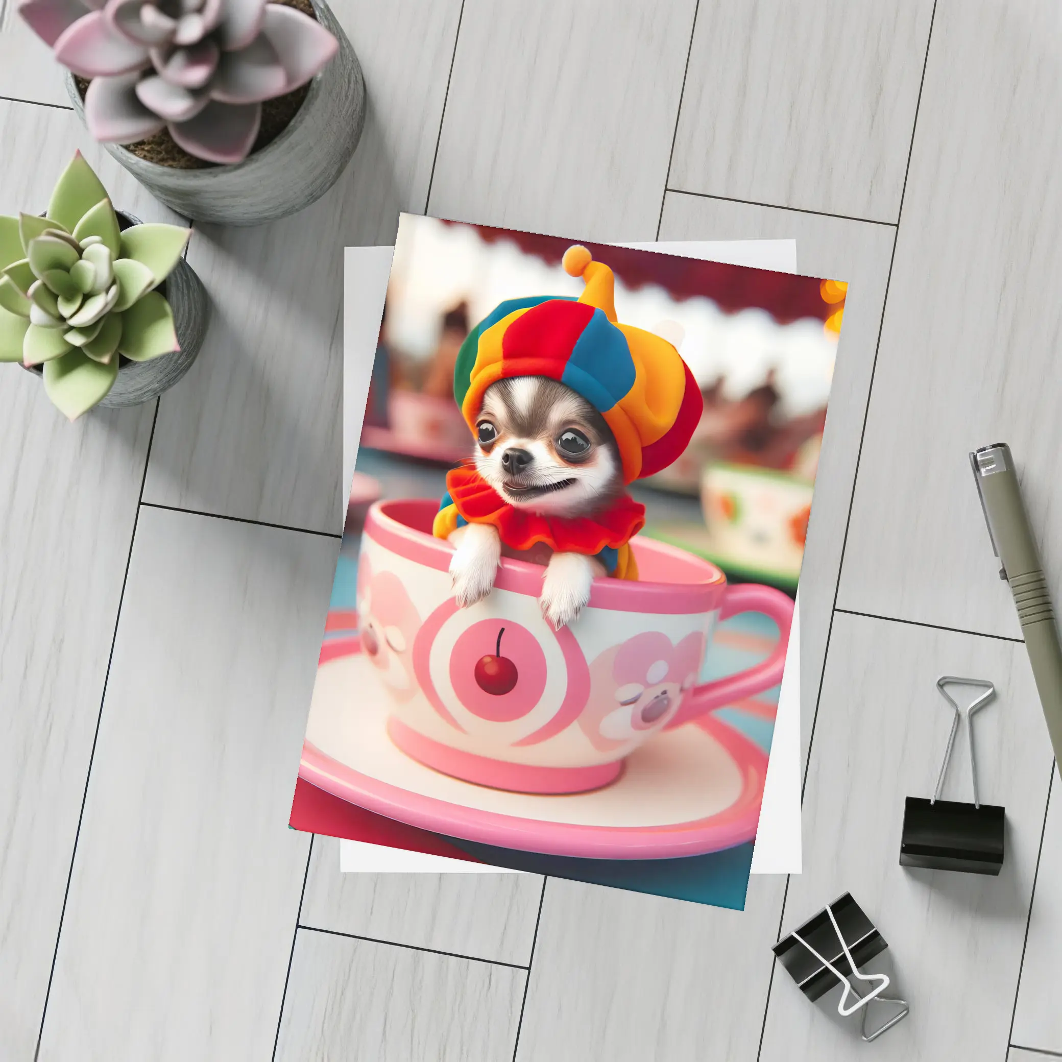 Chihuahua Clown Hat Teacup Carnival Ride – Postcards