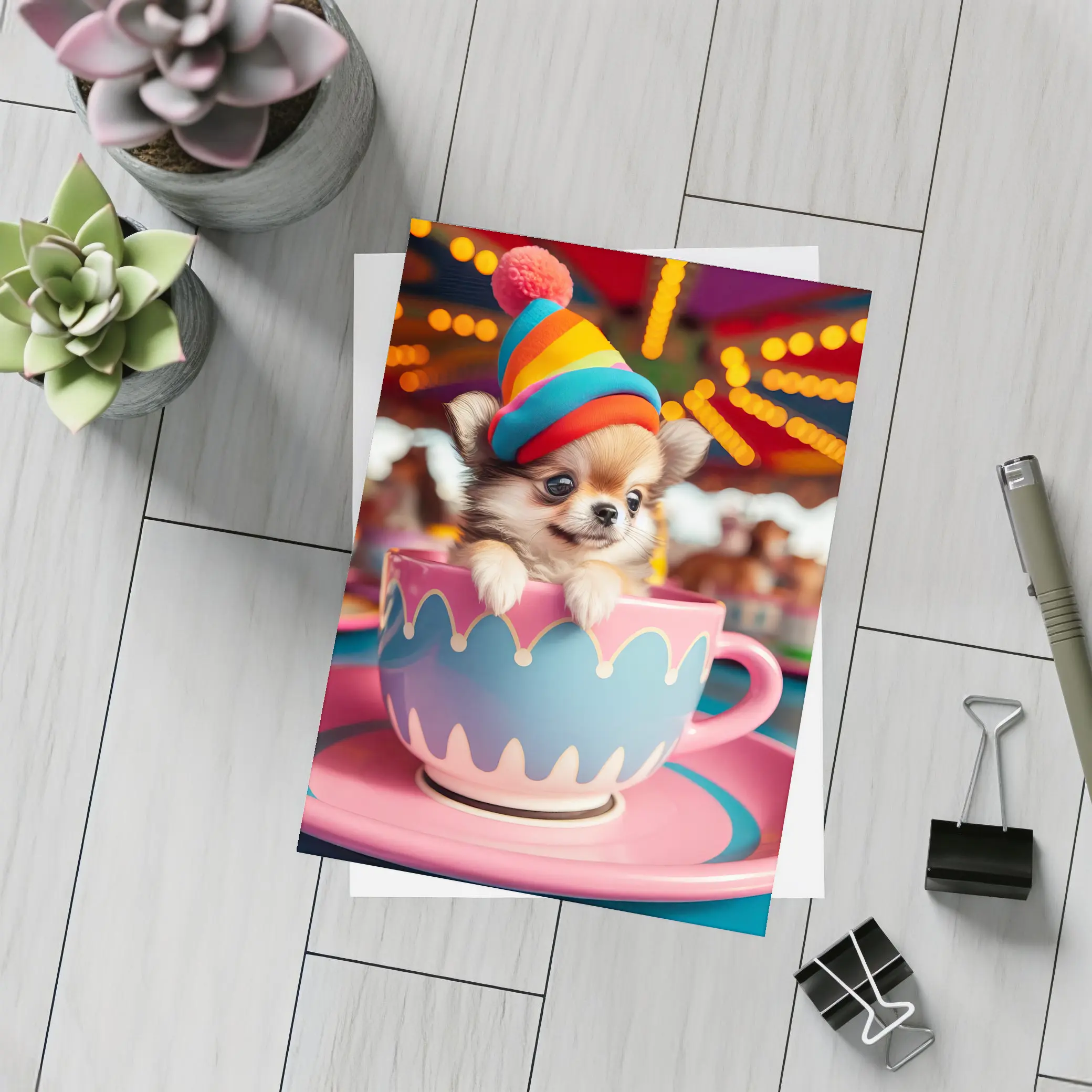 Chihuahua Puppy Teacup Ride Carnival Background – Postcards
