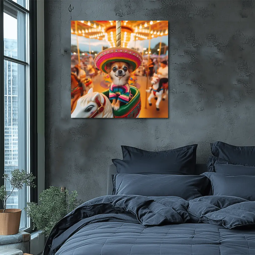 Chihuahua Sombrero Carousel Colorful Fair Background – Wall Art