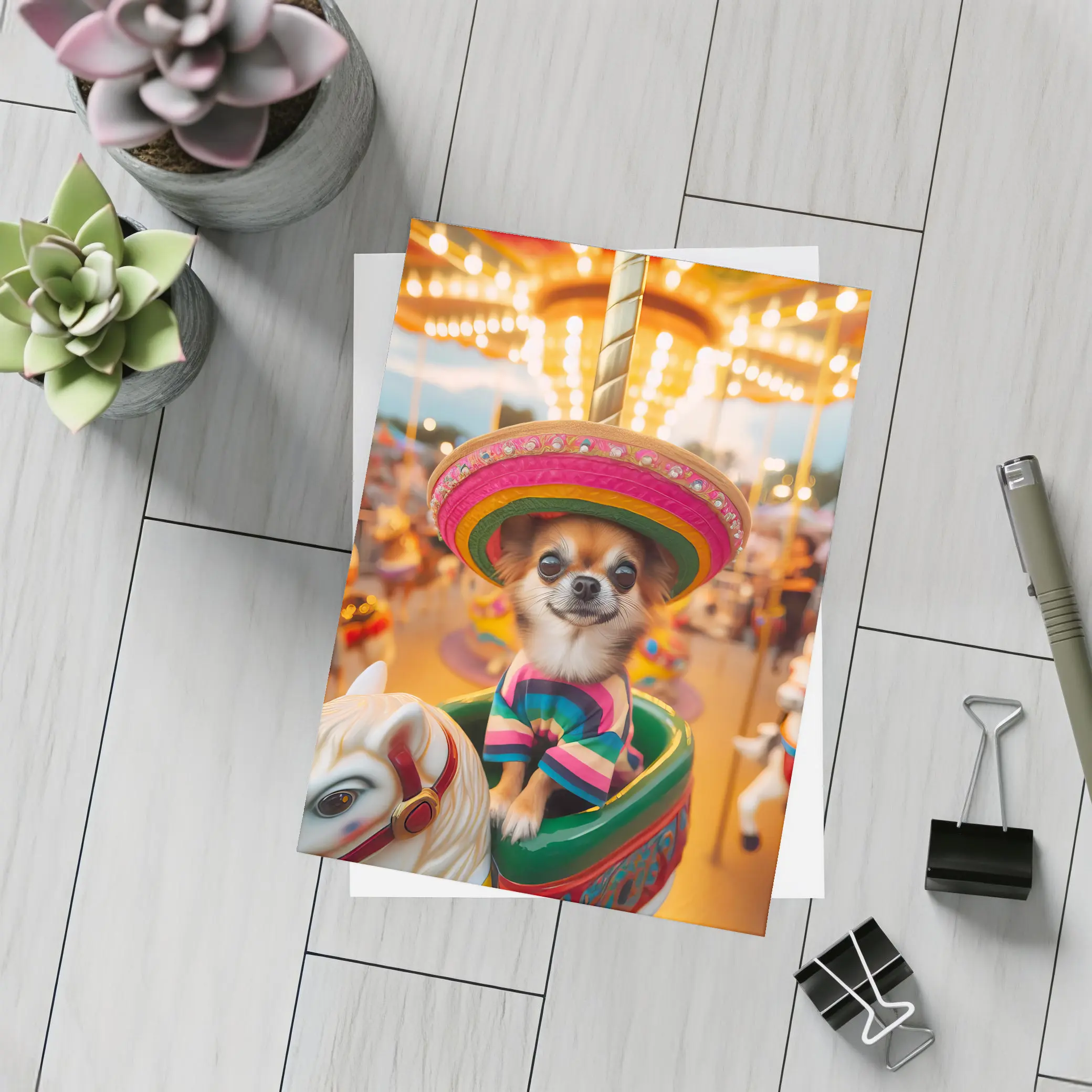 Chihuahua Sombrero Carousel Colorful Fair Background – Postcards