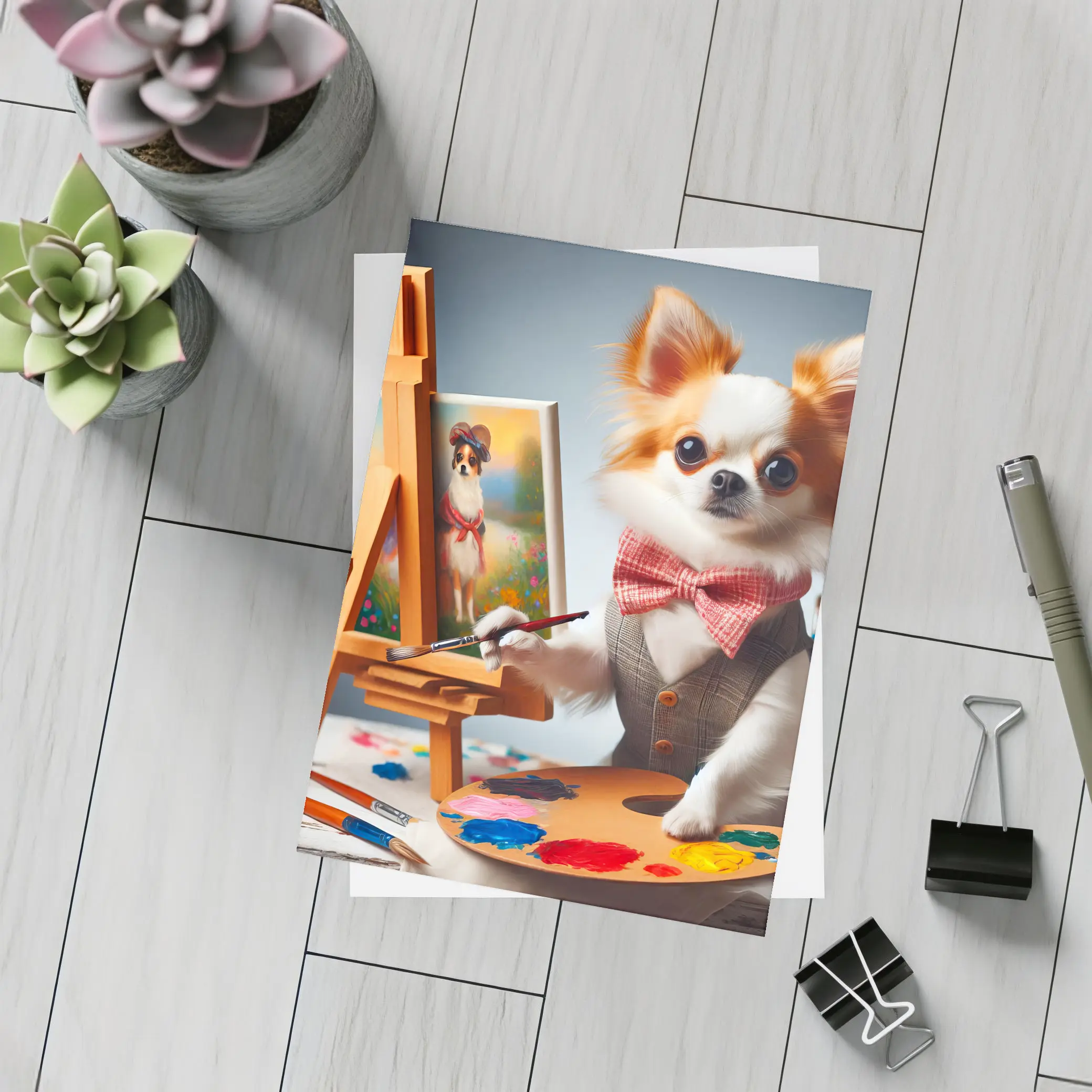 Chihuahua Artist Painting Portrait Bow Tie – Postcards