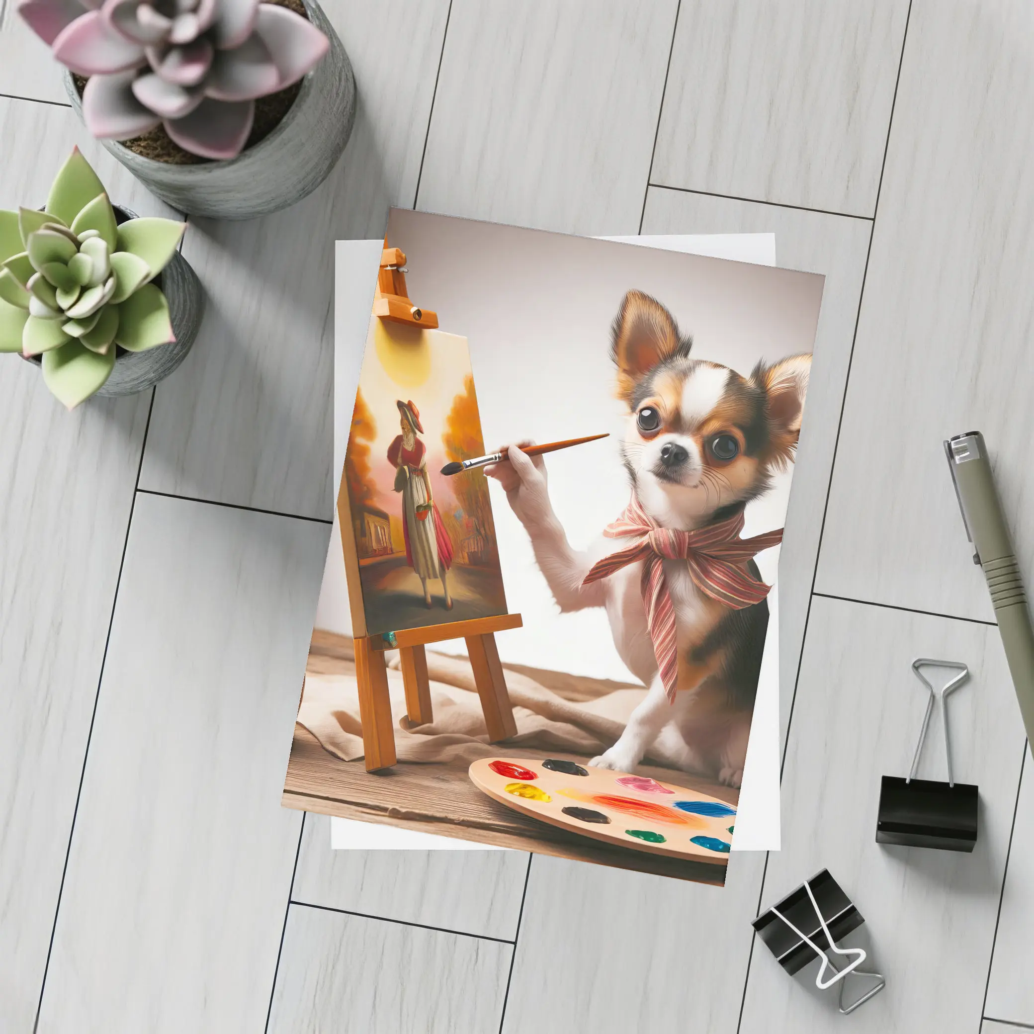 Chihuahua Artist Painting on Easel Studio – Postcards