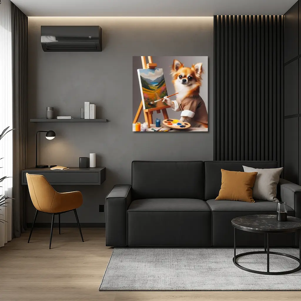 Chihuahua Artist Painting Landscape On Easel – Wall Art