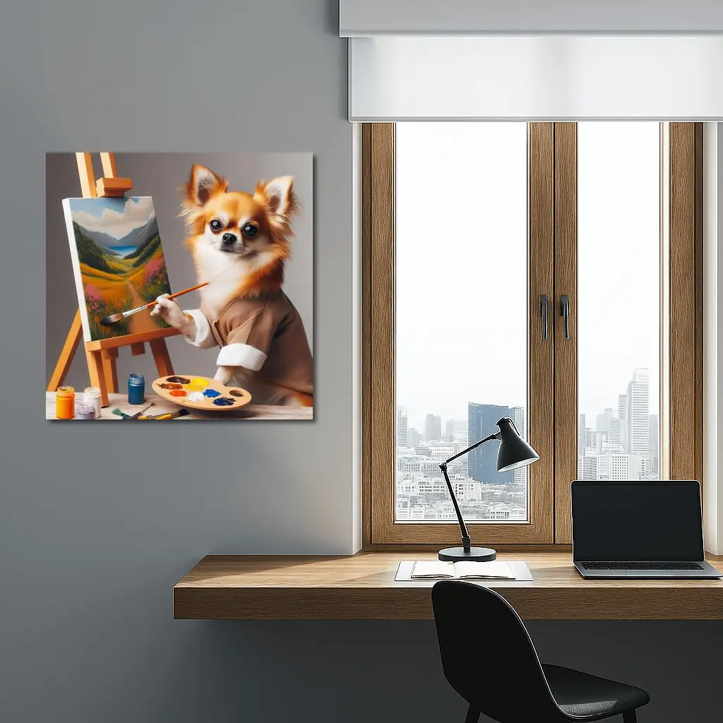 Chihuahua Artist Painting Landscape On Easel – Wall Art