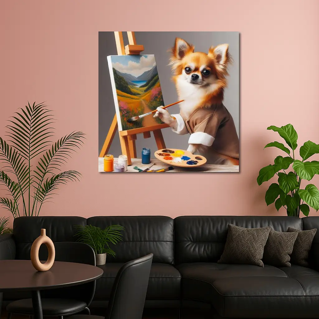 Chihuahua Artist Painting Landscape On Easel – Wall Art