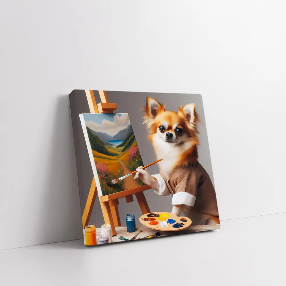 Chihuahua Artist Painting Landscape On Easel – Wall Art