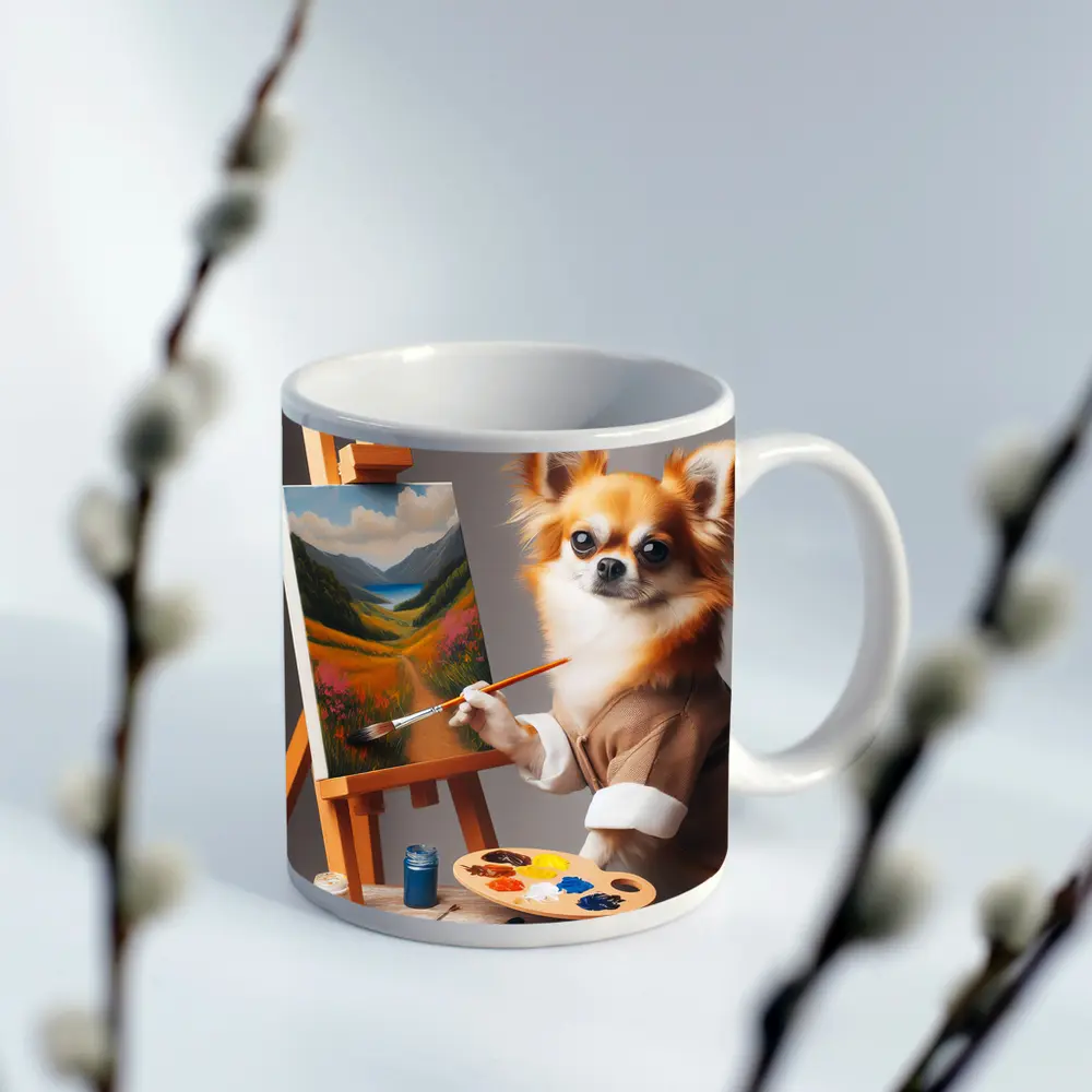 Chihuahua Artist Painting Landscape On Easel – Mugs
