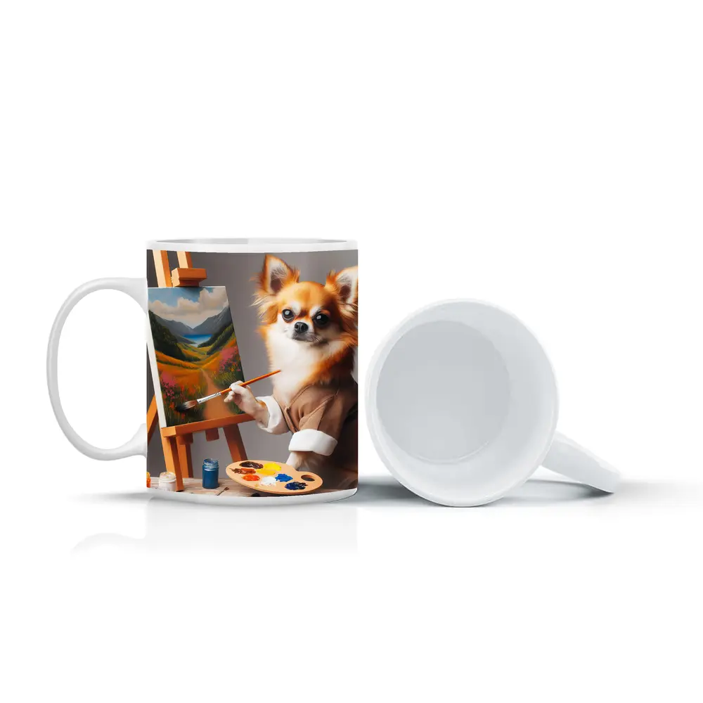 Chihuahua Artist Painting Landscape On Easel – Mugs