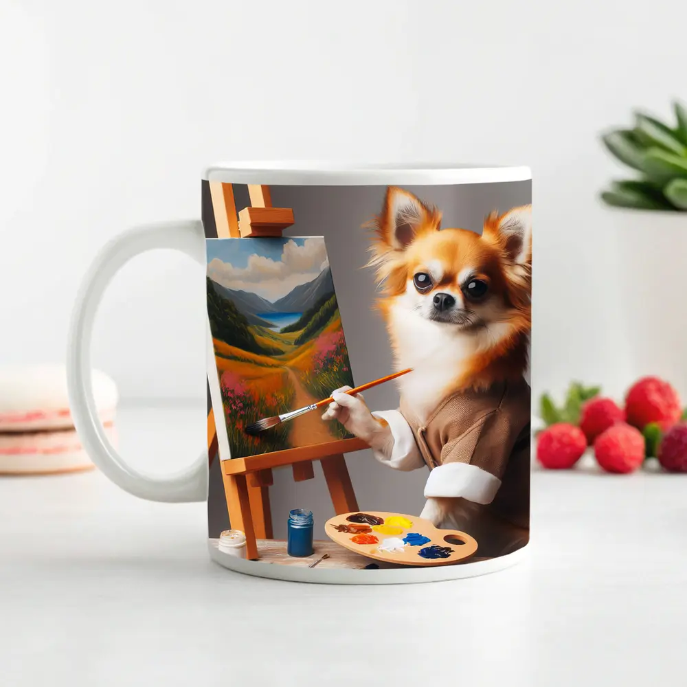 Chihuahua Artist Painting Landscape On Easel – Mugs