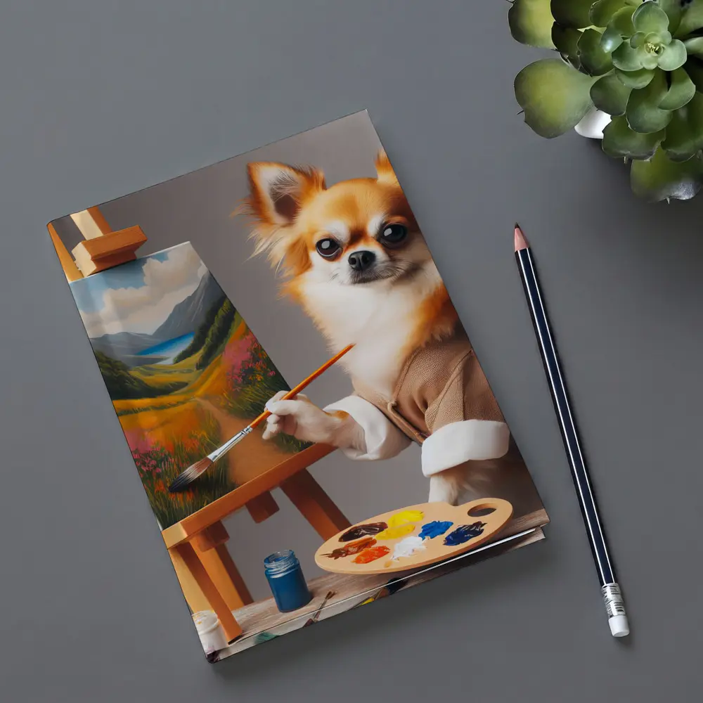 Chihuahua Artist Painting Landscape On Easel – Notebooks