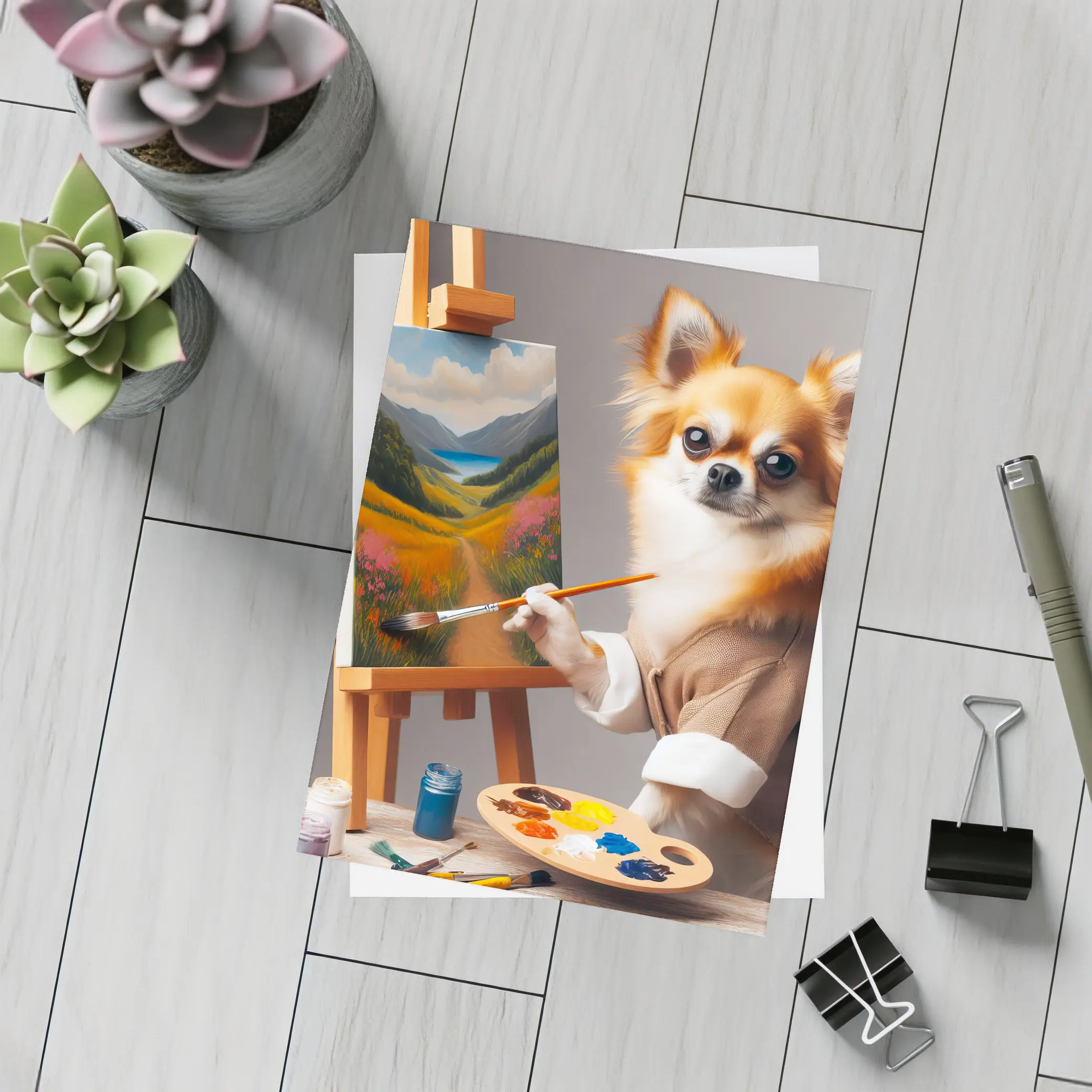 Chihuahua Artist Painting Landscape On Easel – Postcards
