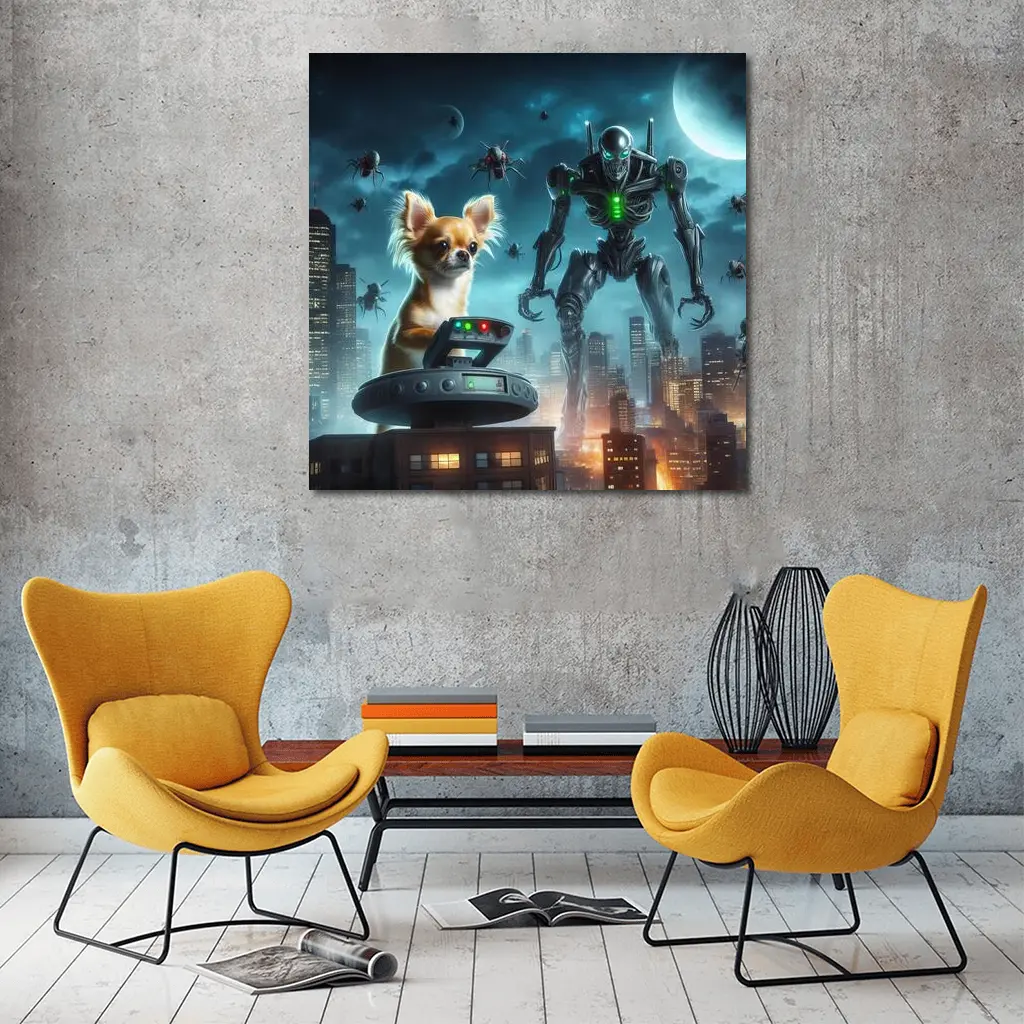 Chihuahua Commander Robot City Night Scene – Wall Art