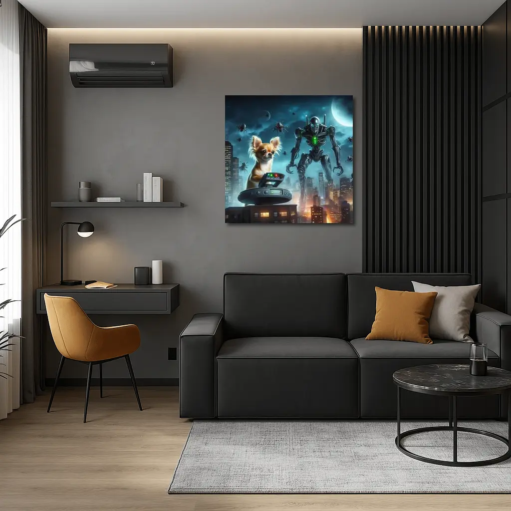 Chihuahua Commander Robot City Night Scene – Wall Art