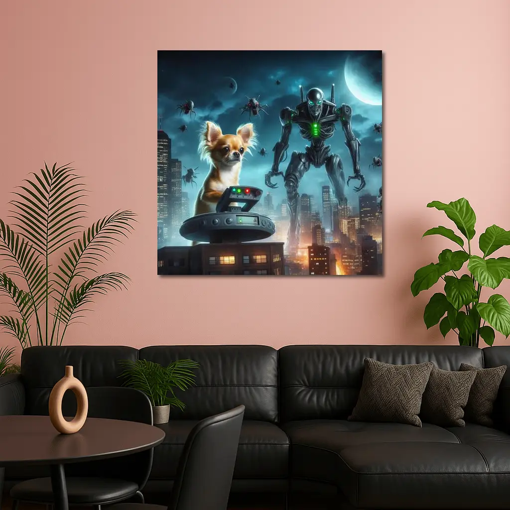 Chihuahua Commander Robot City Night Scene – Wall Art