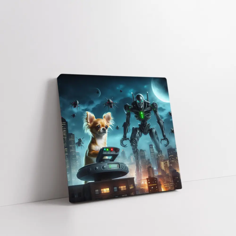 Chihuahua Commander Robot City Night Scene – Wall Art