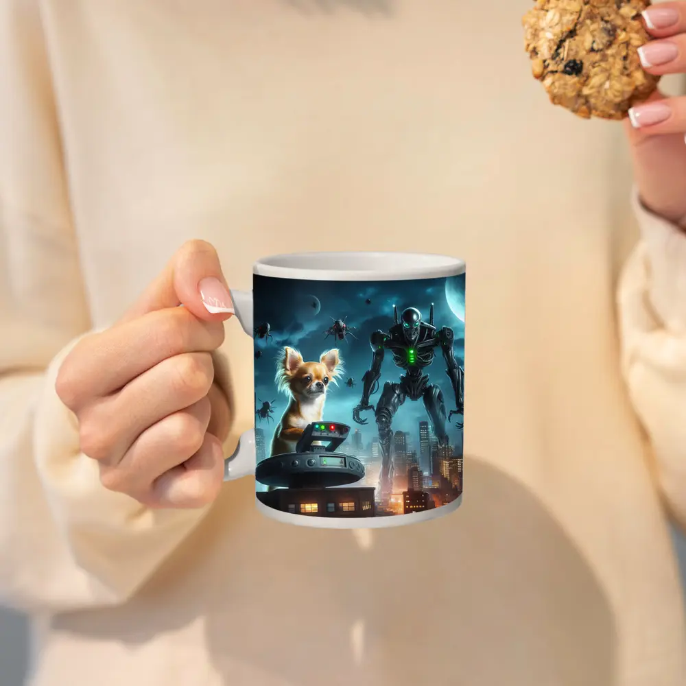 Chihuahua Commander Robot City Night Scene – Mugs