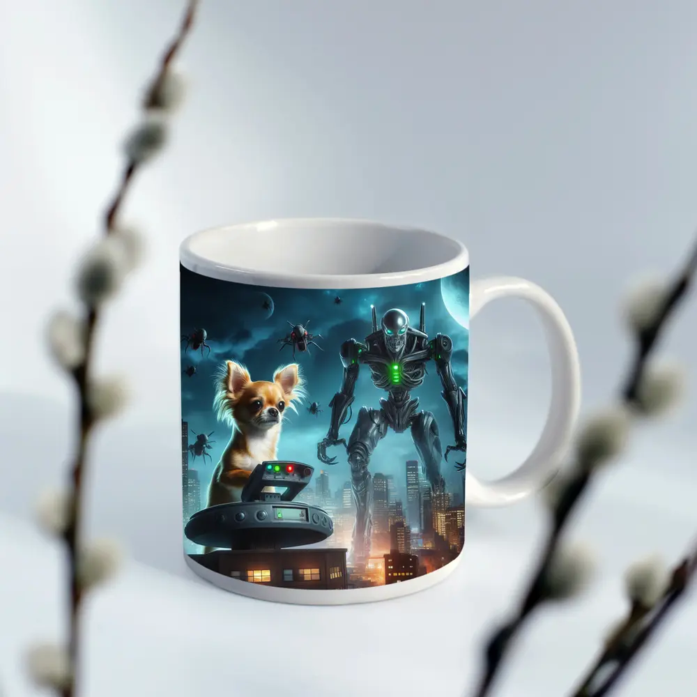 Chihuahua Commander Robot City Night Scene – Mugs