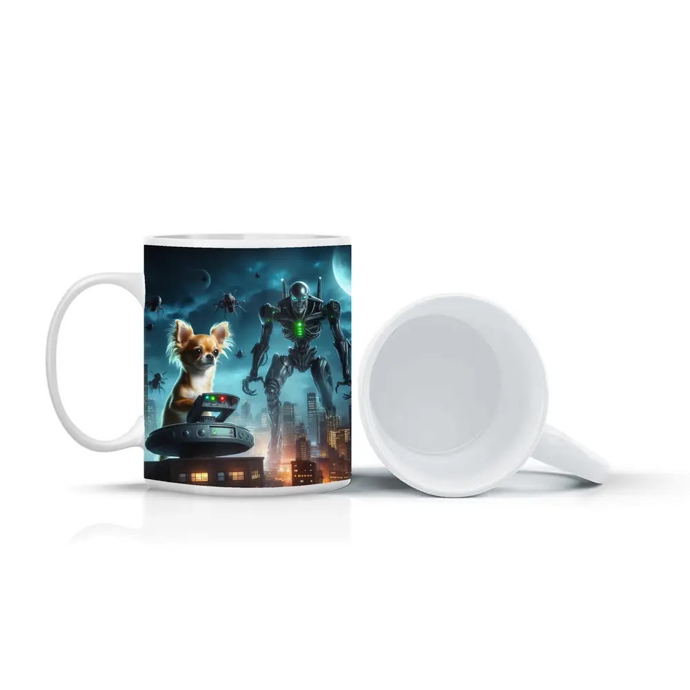 Chihuahua Commander Robot City Night Scene – Mugs