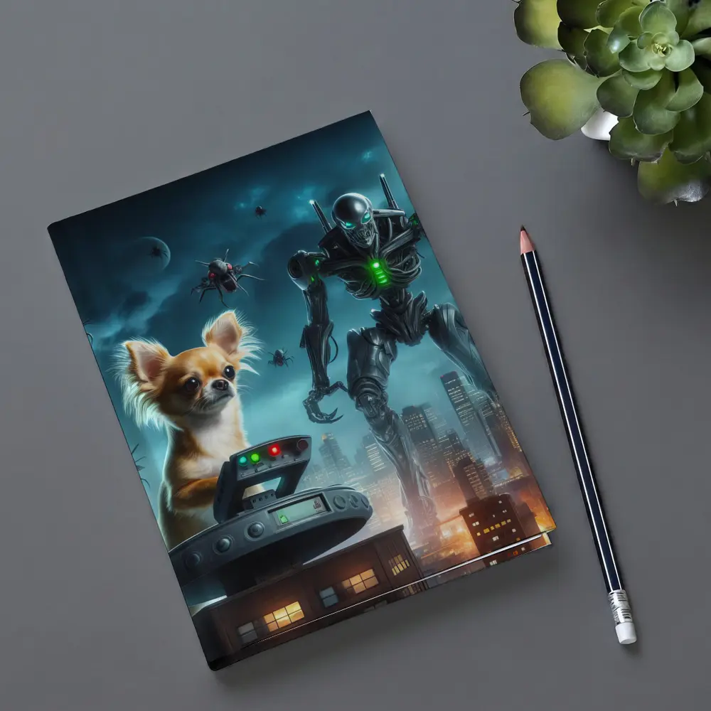 Chihuahua Commander Robot City Night Scene – Notebooks