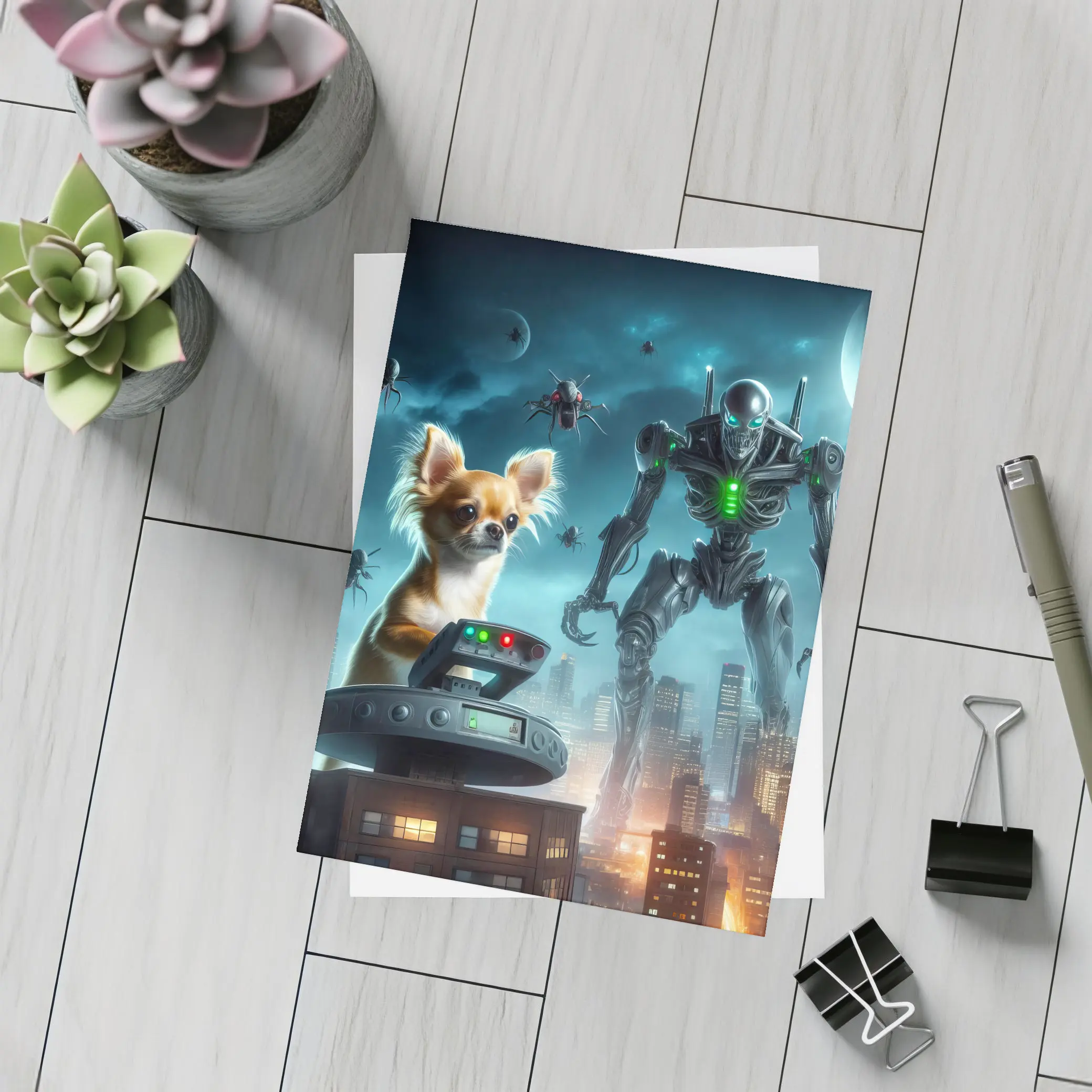Chihuahua Commander Robot City Night Scene – Postcards