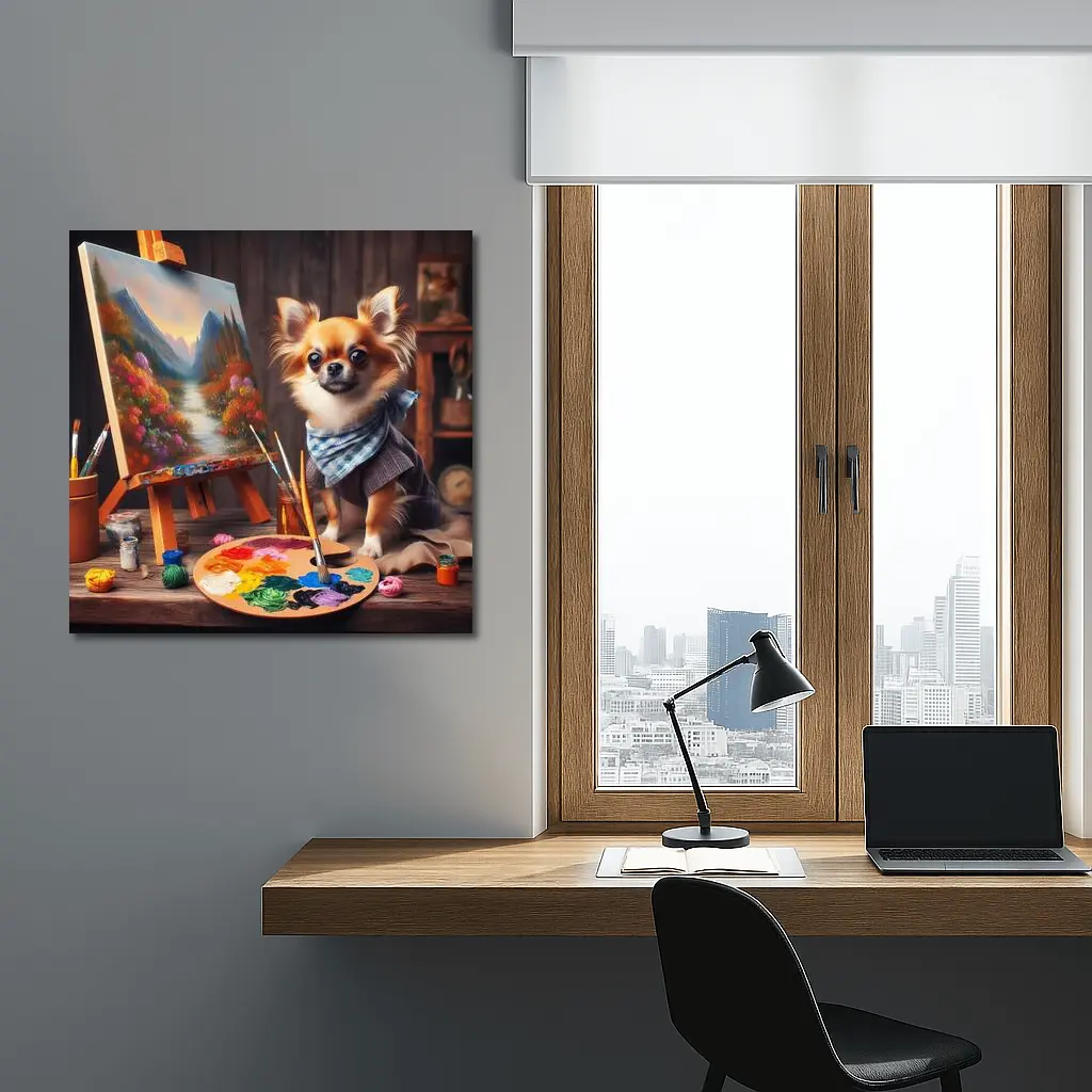 Chihuahua Artist Painting on Studio Easel – Wall Art